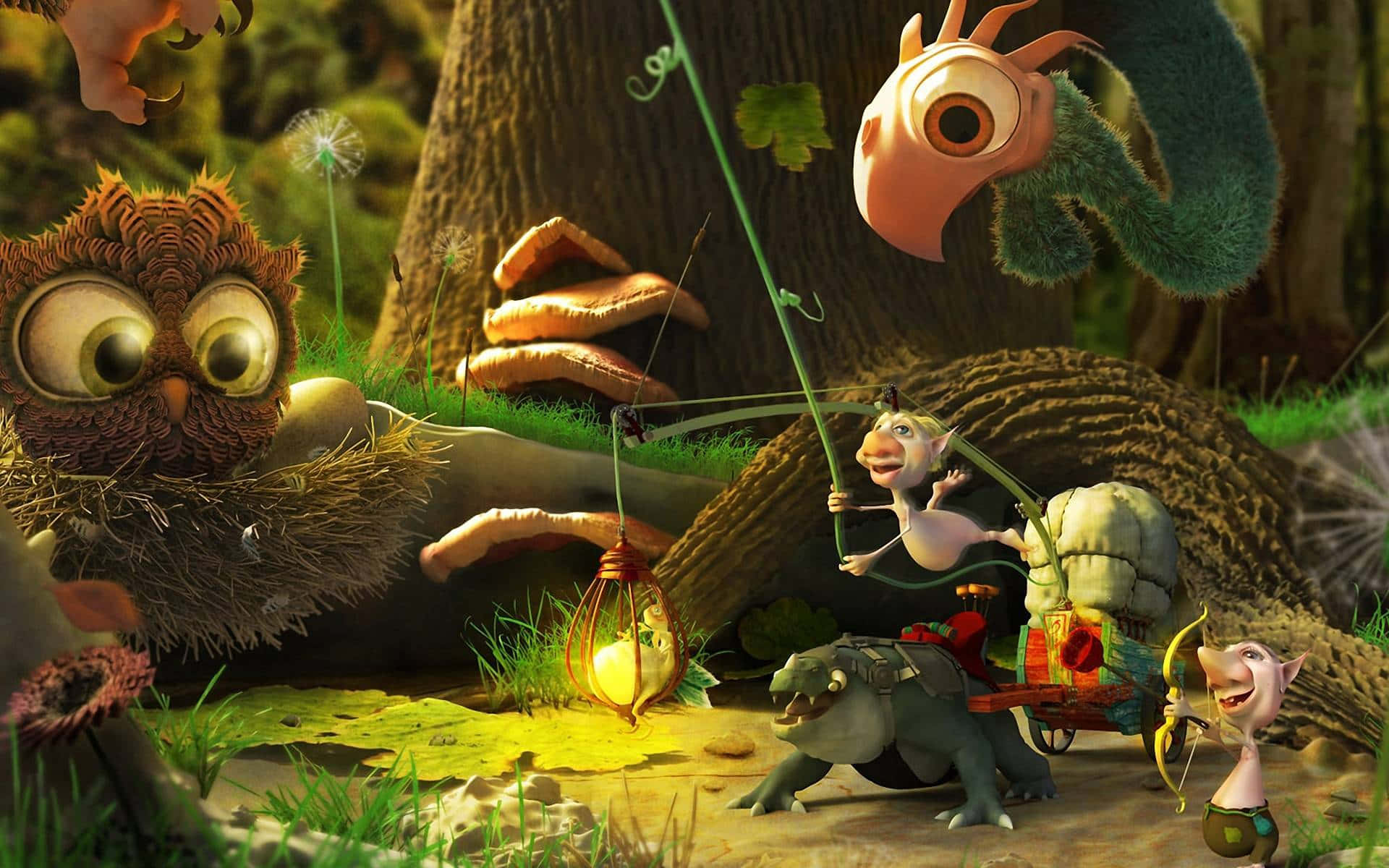 Fairy Tale 桌布 壁紙 — 奇幻森林場景，有貓頭鷹、龜上的漁夫和弓箭手等古怪生物，位於長滿苔蘚的林地中。