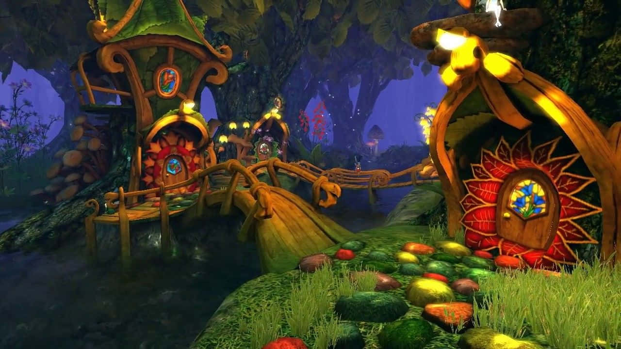 Fairy Forest 桌布 壁紙 — 奇幻樹屋村在暮色中散發溫暖光芒，坐落於神秘森林。