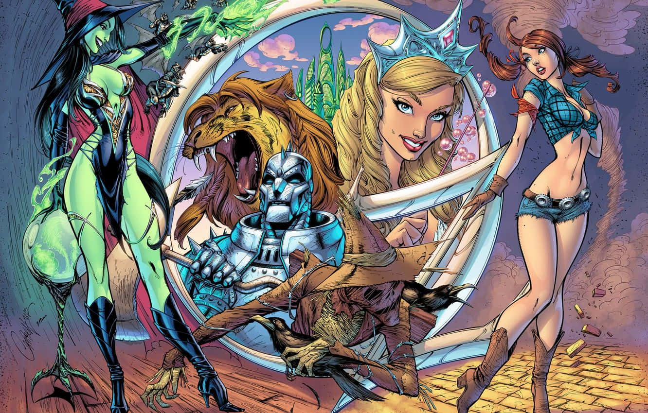 wizard of oz 桌布 壁紙 — 奇幻漫畫面板，描繪女巫、獅子、裝甲戰士、公主和牛仔女郎在魔法傳送門場景中。
