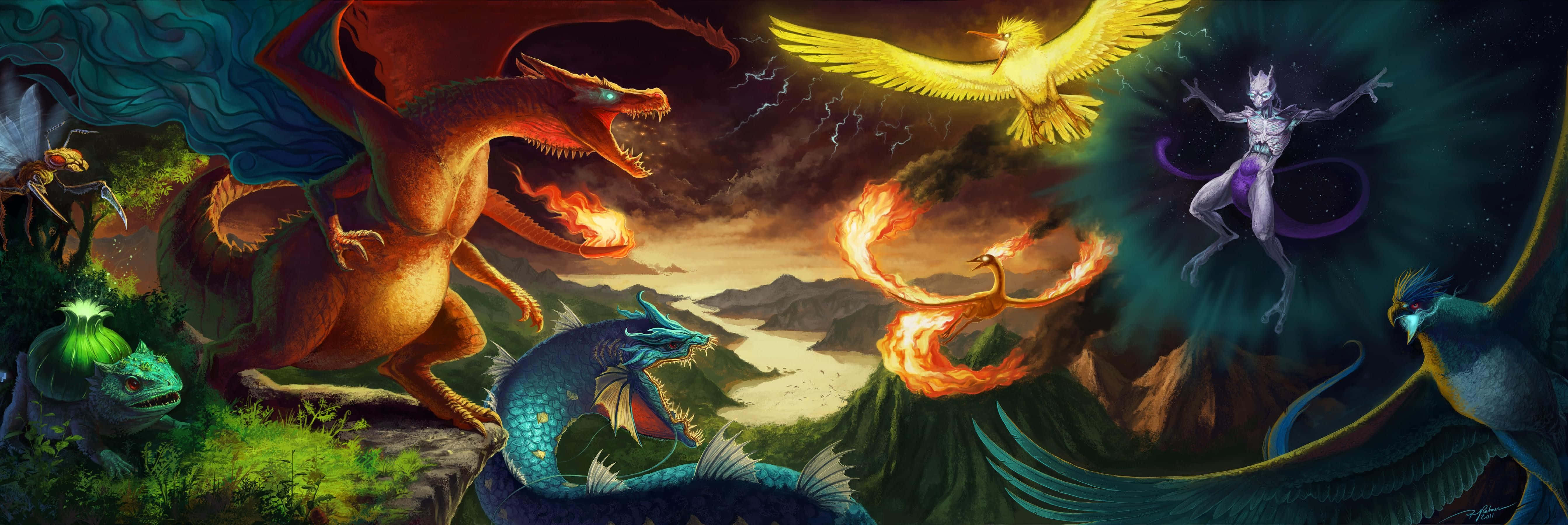 寶可夢 桌布 壁紙 — 奇幻生物在風暴天空下的山區景觀中戰鬥，伴隨著發光的魔法生物。