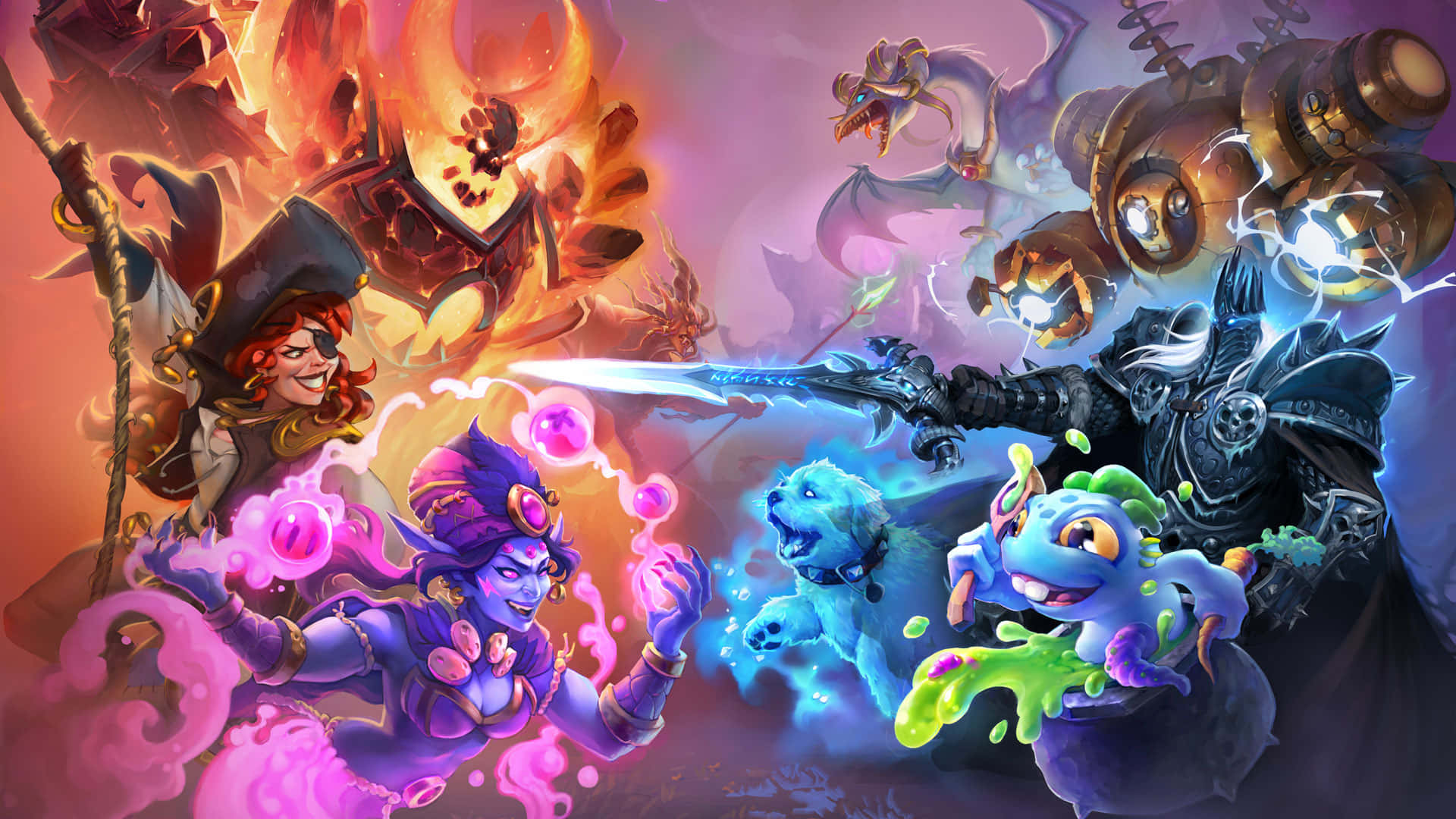 1920x1080 Hearthstone 桌布 壁紙 — 奇幻角色在充滿活力的魔法戰鬥中碰撞，伴隨著發光的咒語和火龍。