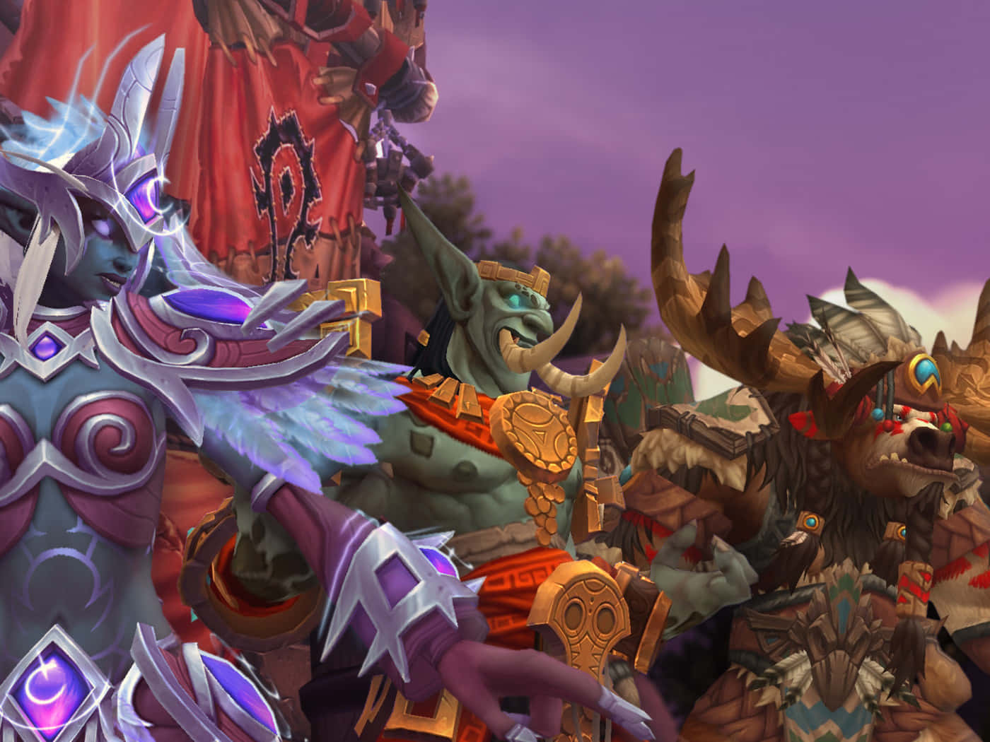 World Of Warcraft Races 桌布 壁紙 — 奇幻角色身著華麗盔甲，一同站在紫色暮色天空下。