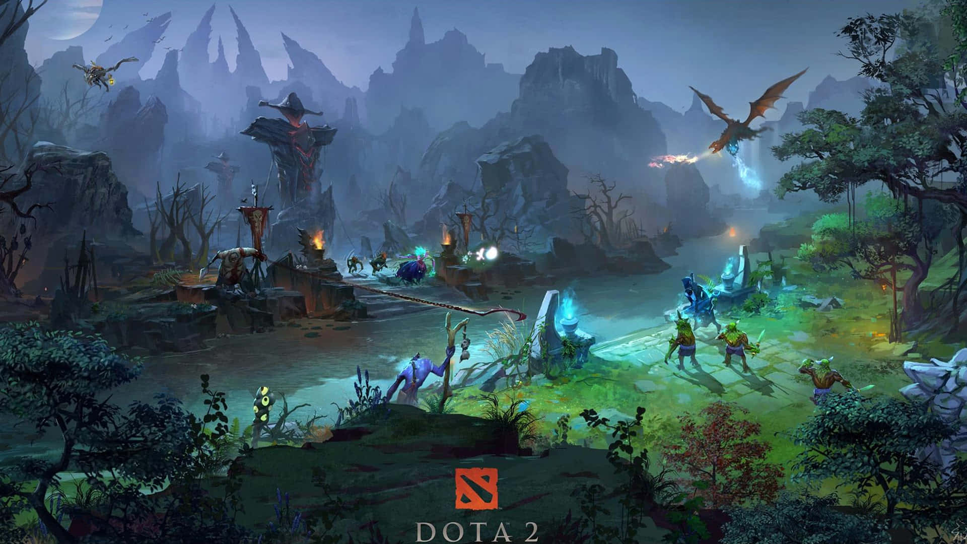 1920x1080 Dota 2 桌布 壁紙 — 奇幻遊戲場景，發光的英雄在月光下的霧濛濛森林山谷中與飛龍戰鬥。