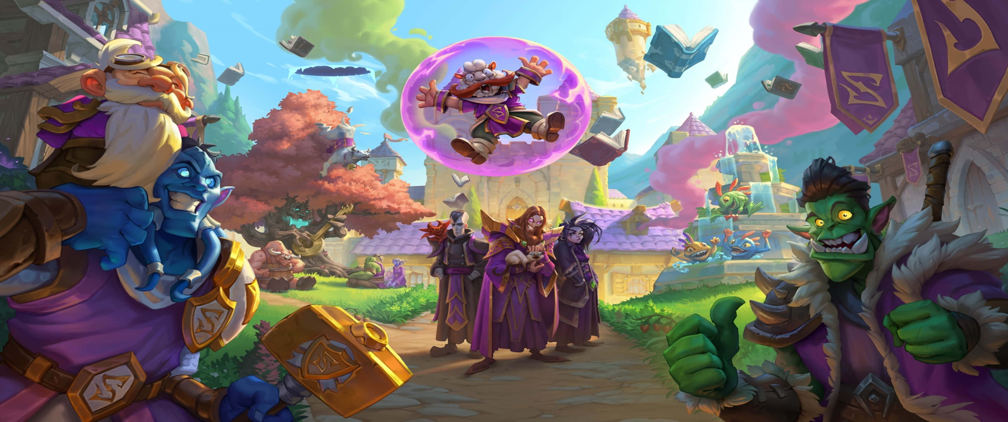 3440x1440p Hearthstone 桌布 壁紙 — 奇幻遊戲角色聚集在一個充滿活力的村莊，有漂浮的書籍和上方泡泡中的法師。