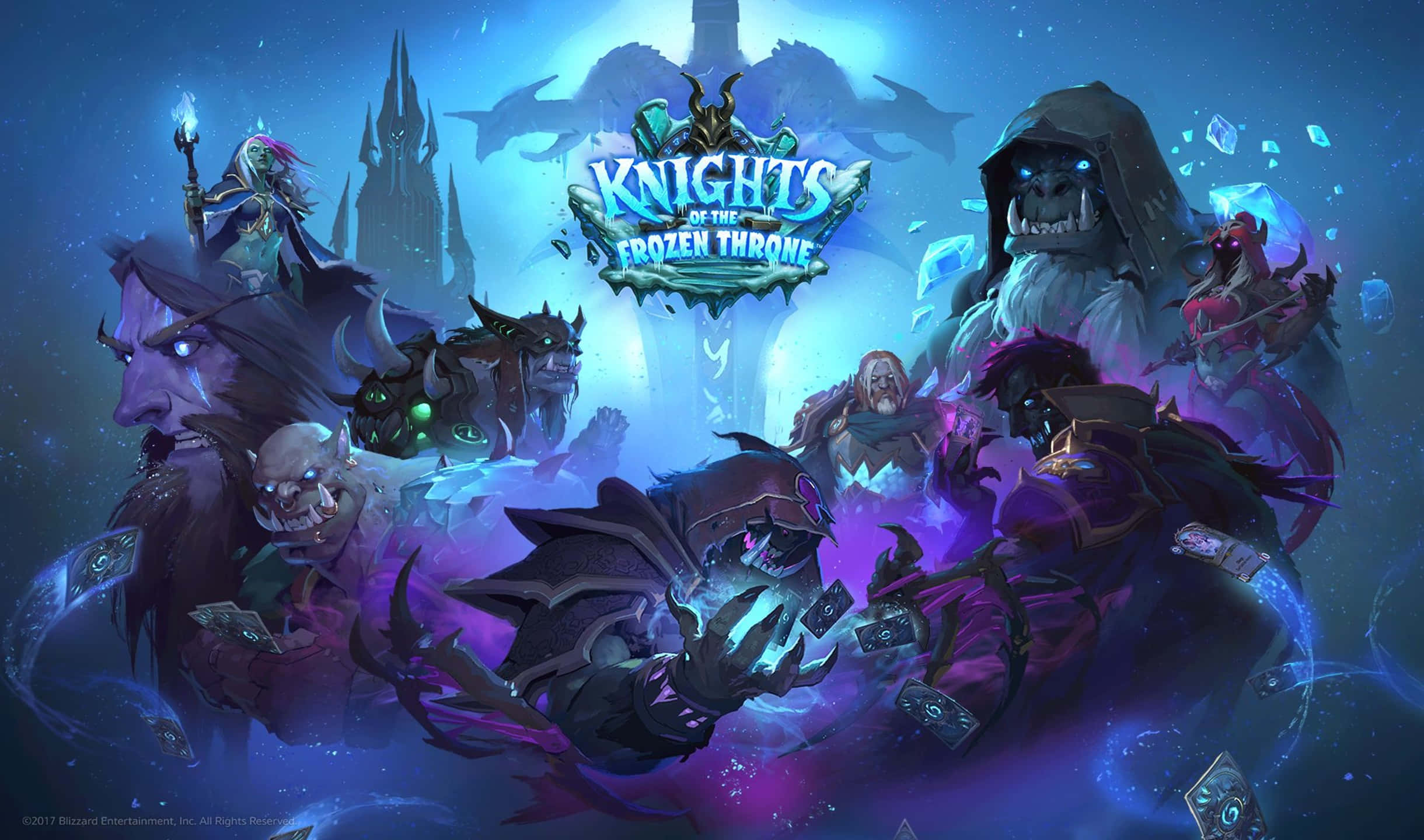 2440x1440 Hearthstone 桌布 壁紙 — 奇幻遊戲角色身穿暗色盔甲和發光魔法，站在冰藍天空下的冰凍王座前。
