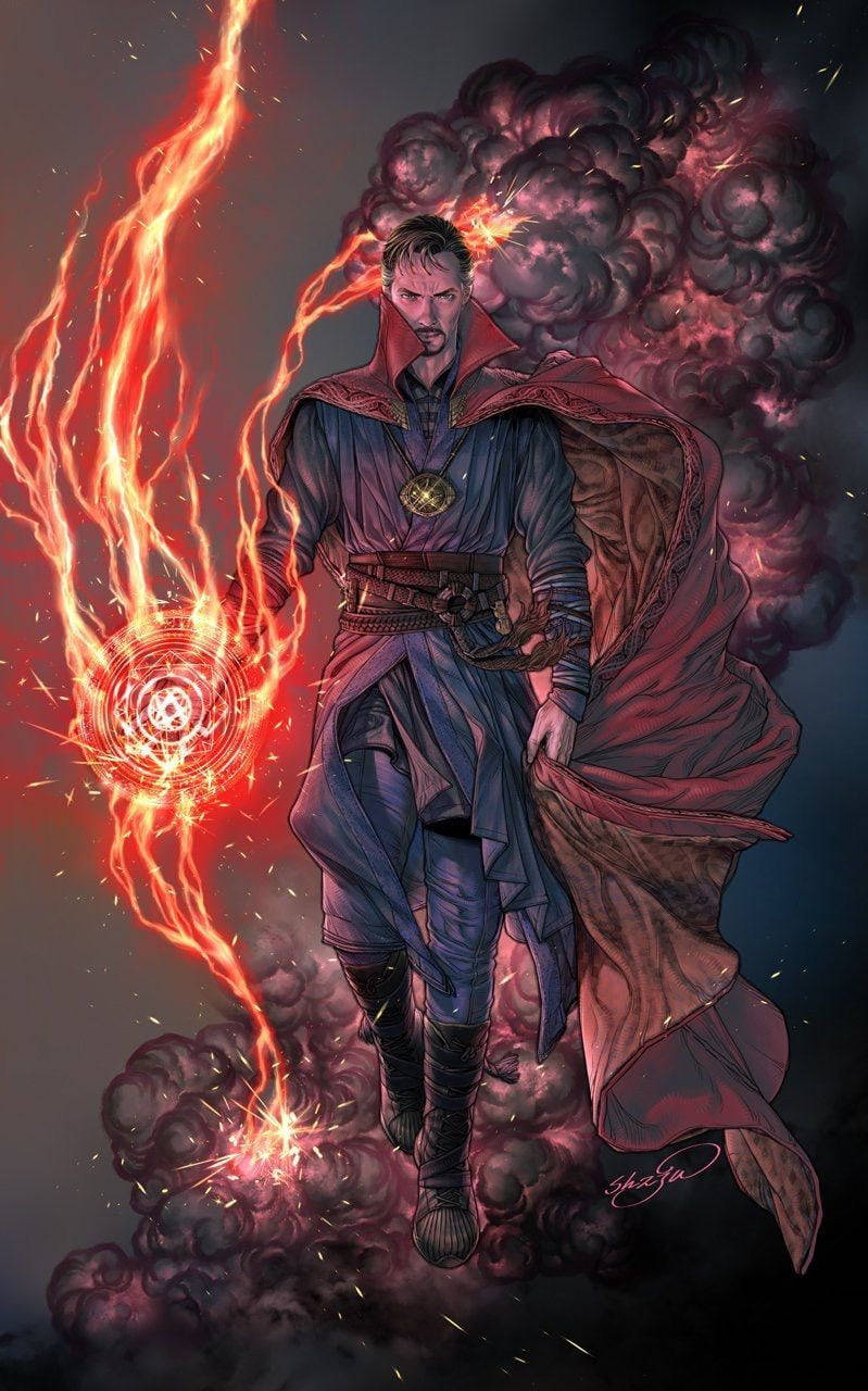 奇異博士 桌布 壁紙 — 奇異博士以戲劇性的姿勢站立，周圍環繞著旋轉的黑暗能量和鮮紅色的魔法火焰。