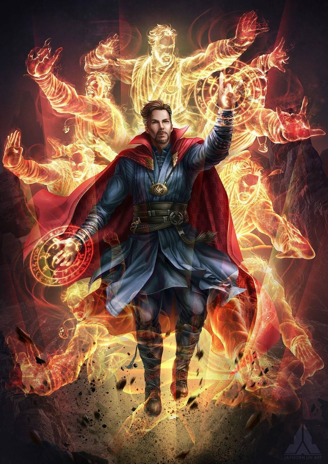 奇異博士 桌布 壁紙 — 奇異博士以英雄姿態站立，被發光的火焰幽靈之手和神秘能量包圍，處於黑暗戲劇性的場景中。