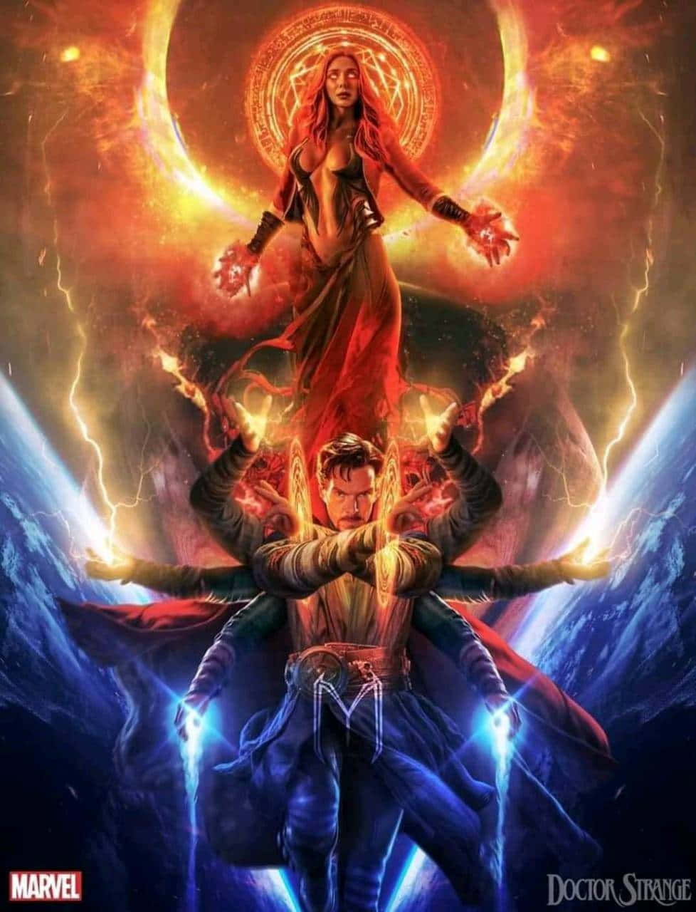 Doctor Strange 2 桌布 壁紙 — 奇異博士和一位紅髮女性在旋轉的火焰和閃電中，在宇宙背景下引導宇宙能量。