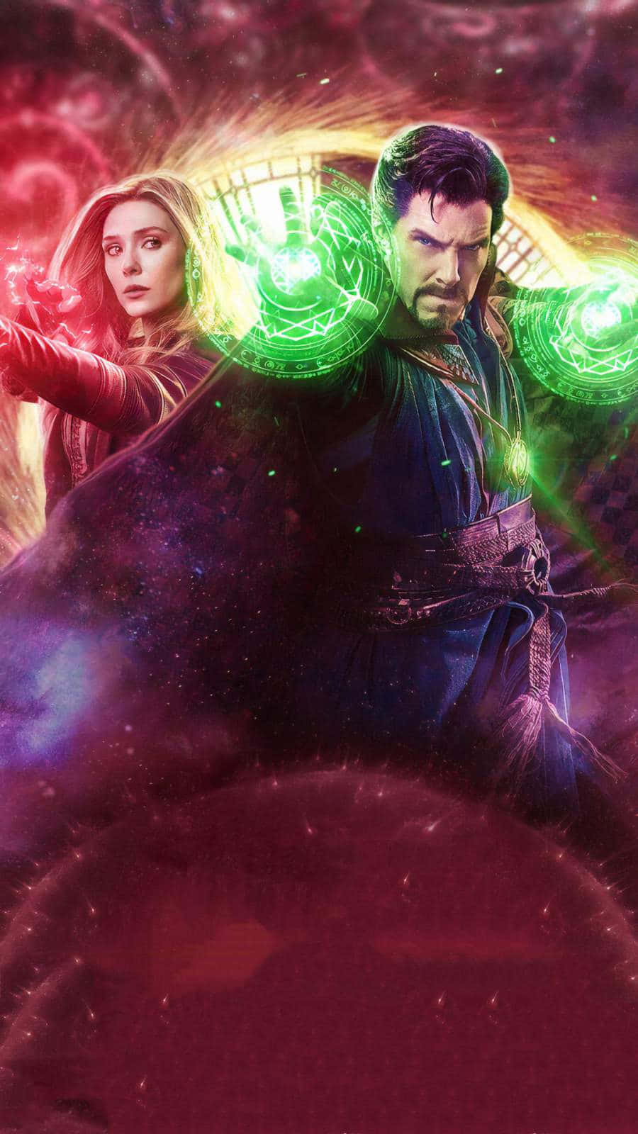 桌布 壁紙 — 奇異博士和汪達·馬克希莫夫在宇宙戰鬥中引導神秘能量，對抗旋轉的紅綠魔法漩渦。