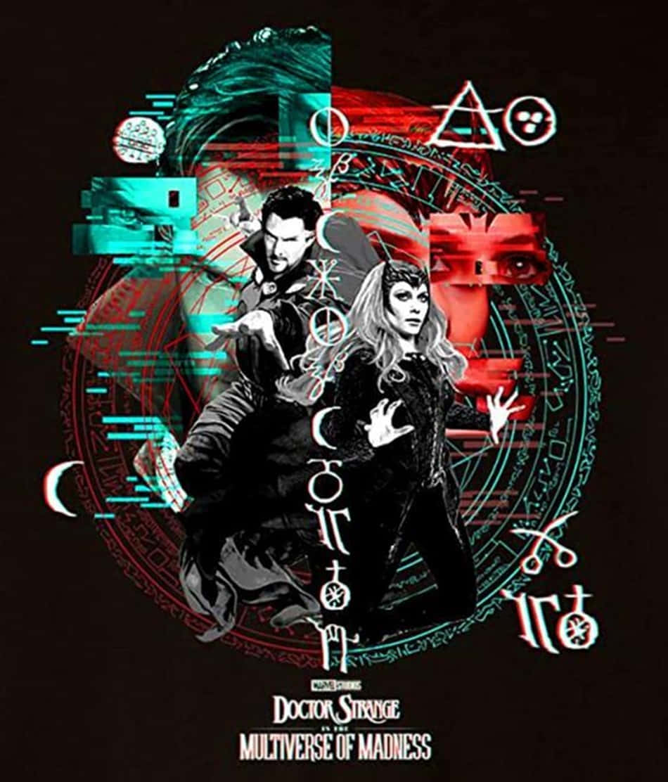 Doctor Strange 2 桌布 壁紙 — 奇異博士和王站在一個閃爍的魔法圈中，周圍環繞著神秘符號和破碎的紅青色視覺效果。