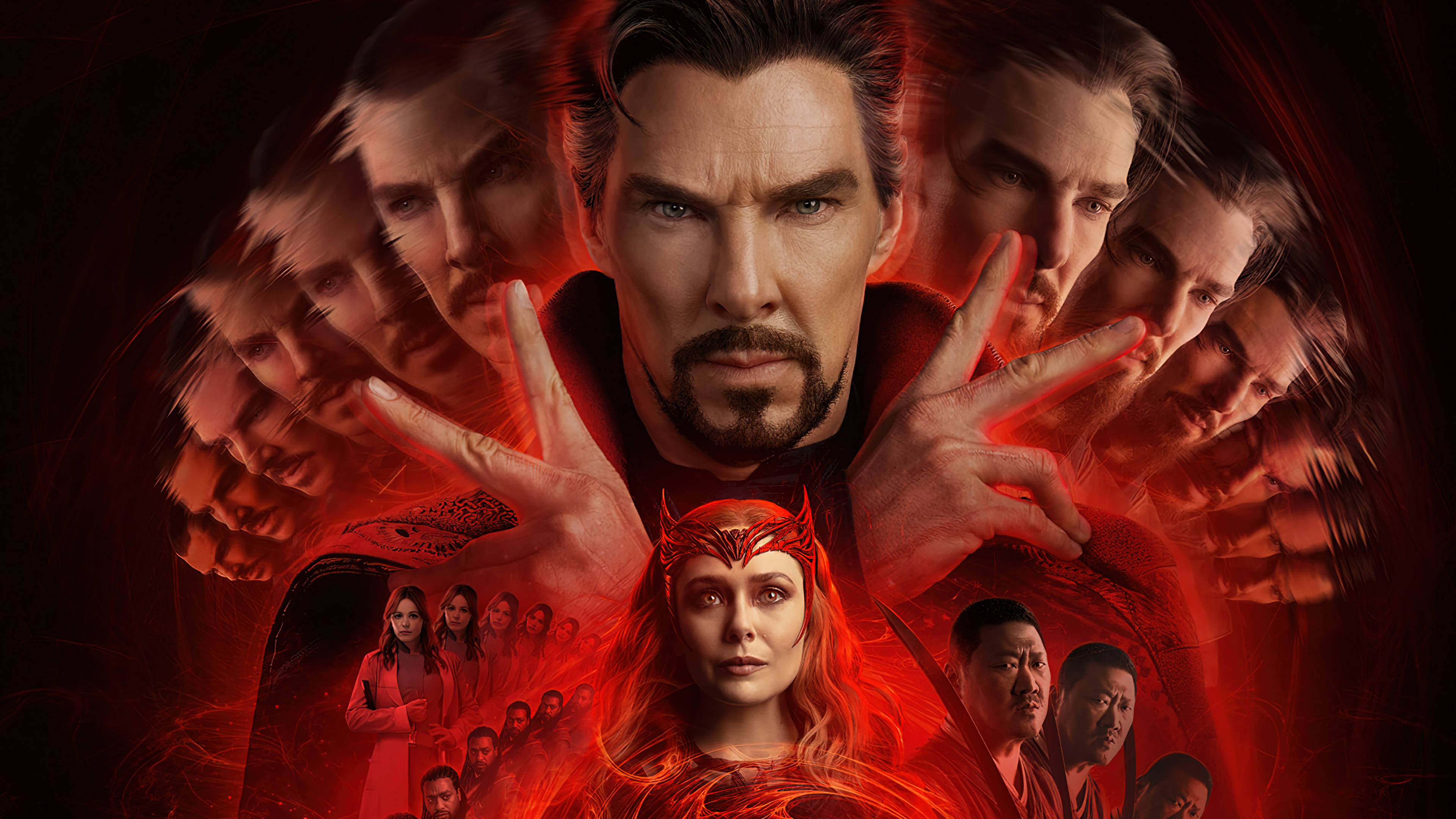 Marvel Pc 桌布 壁紙 — 奇異博士和緋紅女巫主宰著一個旋轉的紅色漩渦，其中有許多幽靈般的面孔和下面的一組角色。