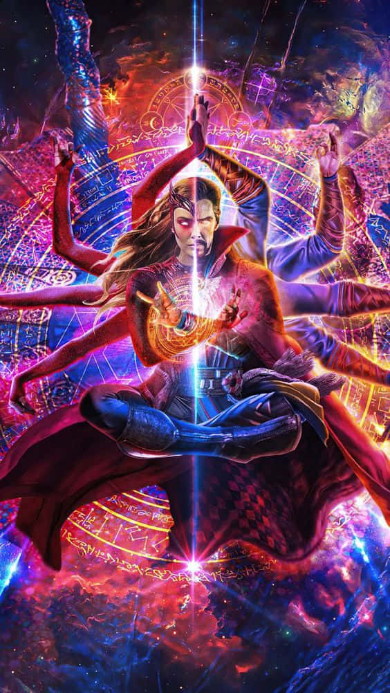 Doctor Strange 2 桌布 壁紙 — 奇異博士在一個被發光的神秘符號和輻射能量束包圍的宇宙漩渦中冥想。