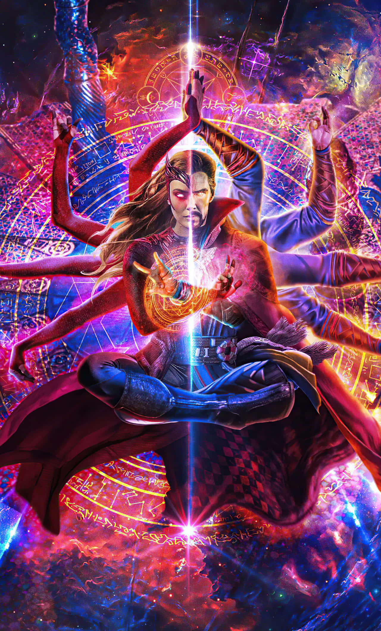 Doctor Strange Multiverse Of Madness 桌布 壁紙 — 奇異博士在一個被發光符文和多條手臂引導神秘能量的宇宙漩渦中冥想。