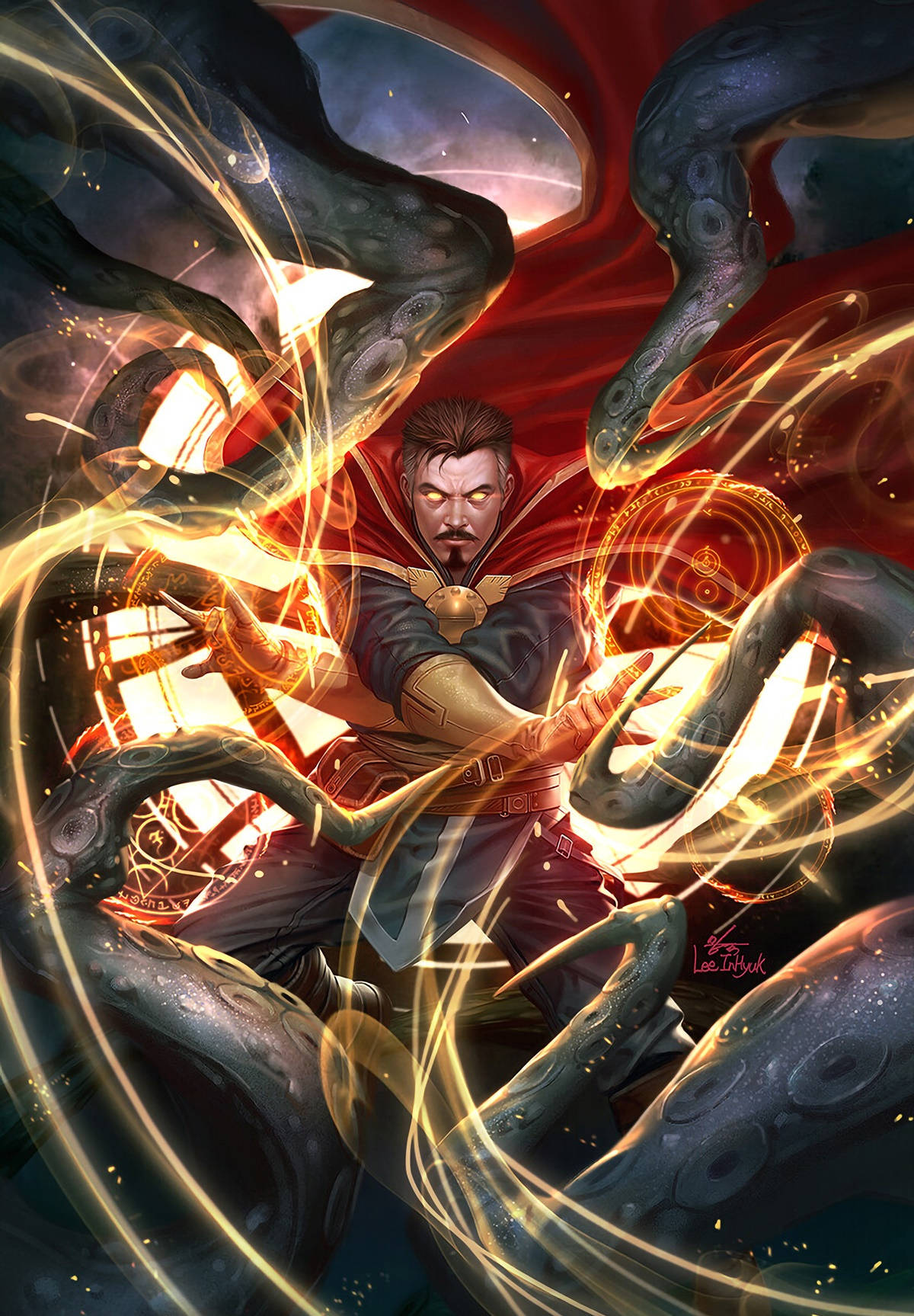 魔法動圖 桌布 壁紙 — 奇異博士在旋轉的金色能量和紅色布料中與宇宙觸手戰鬥，這是一幅動態的漫畫插圖。