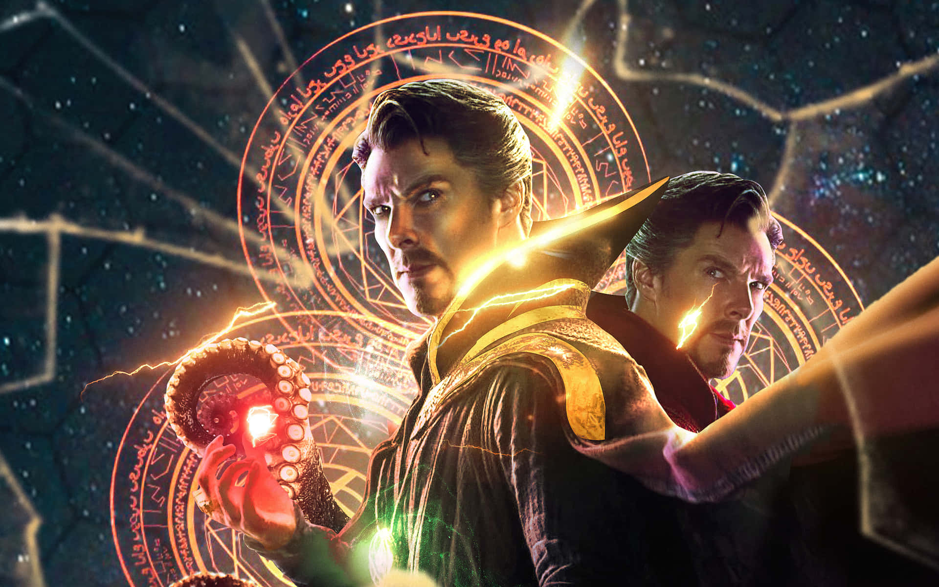 奇異博士 桌布 壁紙 — 奇異博士在發光符文和星空虛空的宇宙背景下揮舞著一個發光的神秘神器。