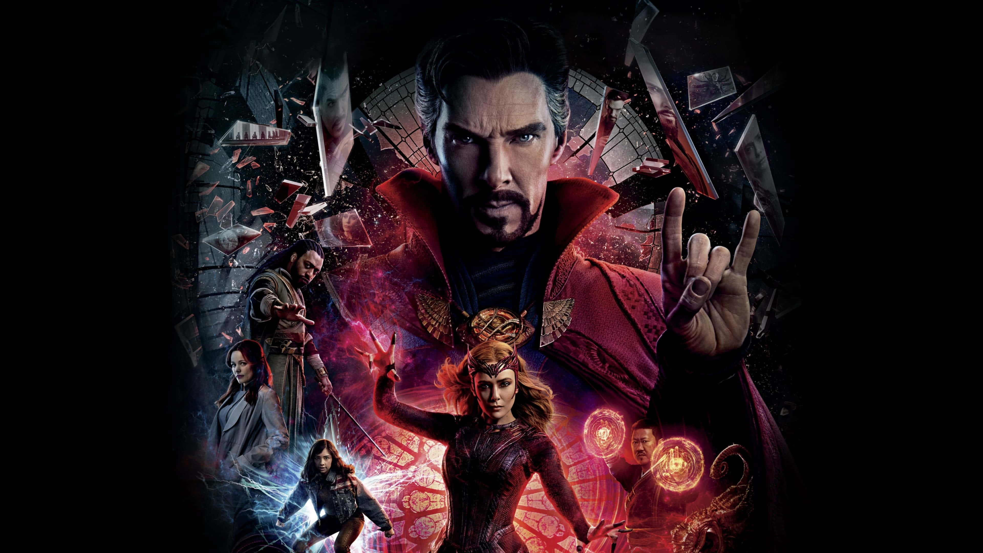 Doctor Strange Multiverse Of Madness 桌布 壁紙 — 奇異博士在破碎的神秘符號和發光的能量中挑釁地站立，而他的盟友在黑暗的電影場景中包圍著他。