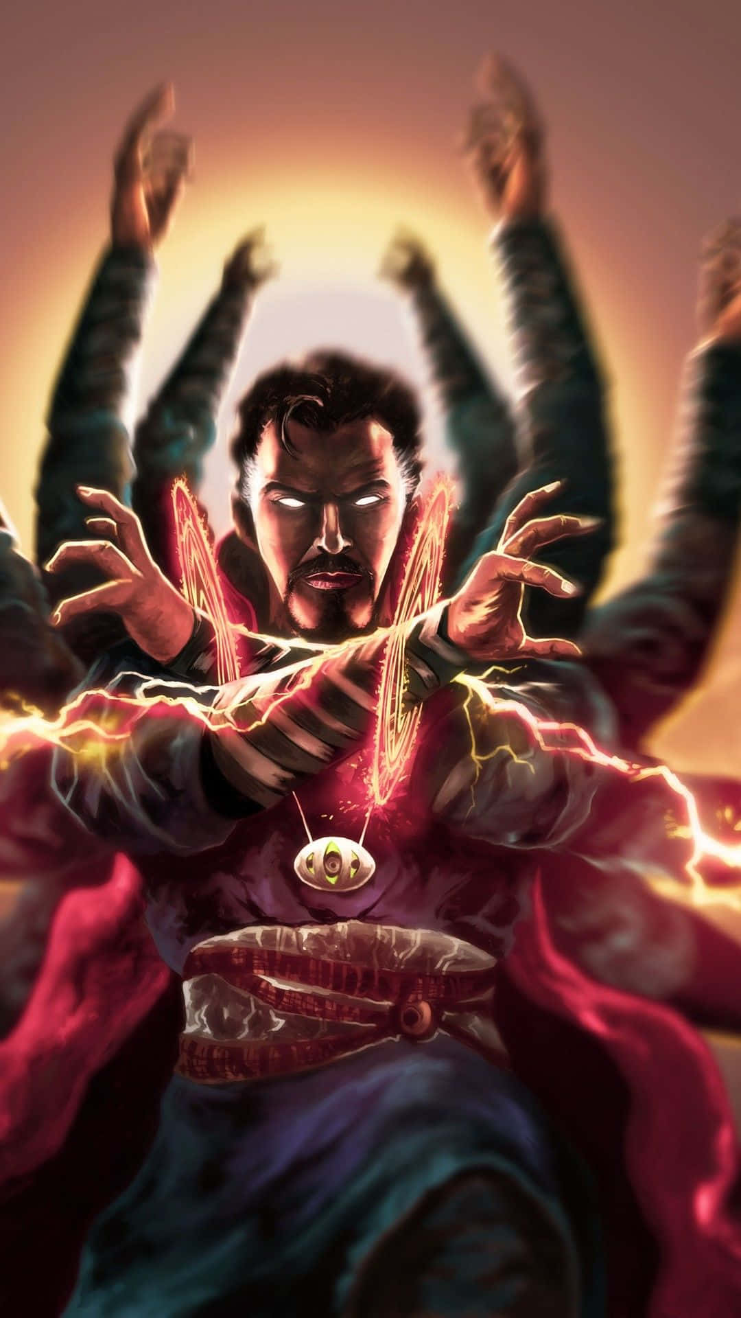 Doctor Strange 2 桌布 壁紙 — 奇異博士在閃耀的金色背景下，用發光的雙手引導神秘能量。