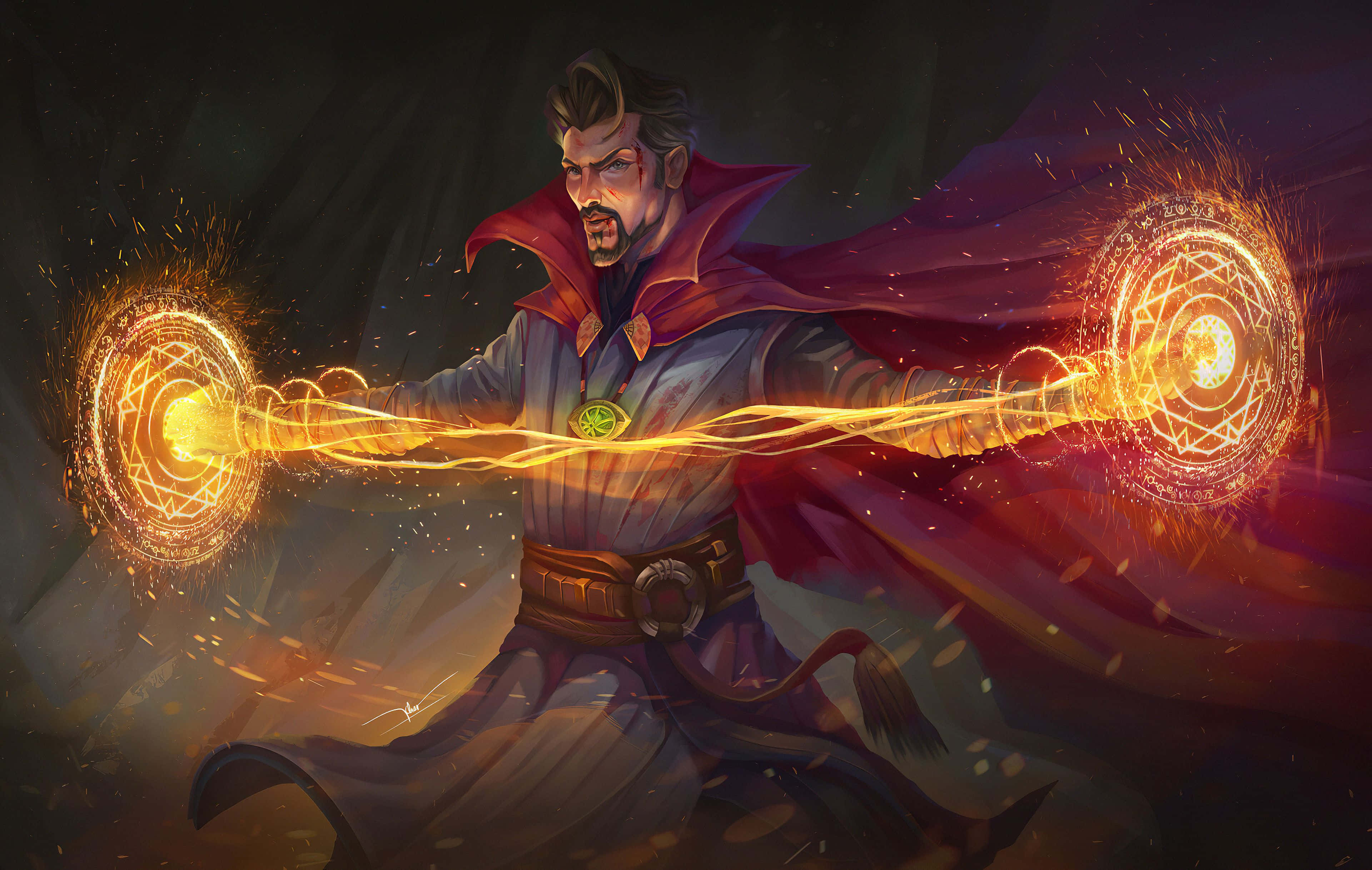 Doctor Strange 2 桌布 壁紙 — 奇異博士在黑暗戲劇性的場景中，透過發光的圓形傳送門引導金色的神秘能量。