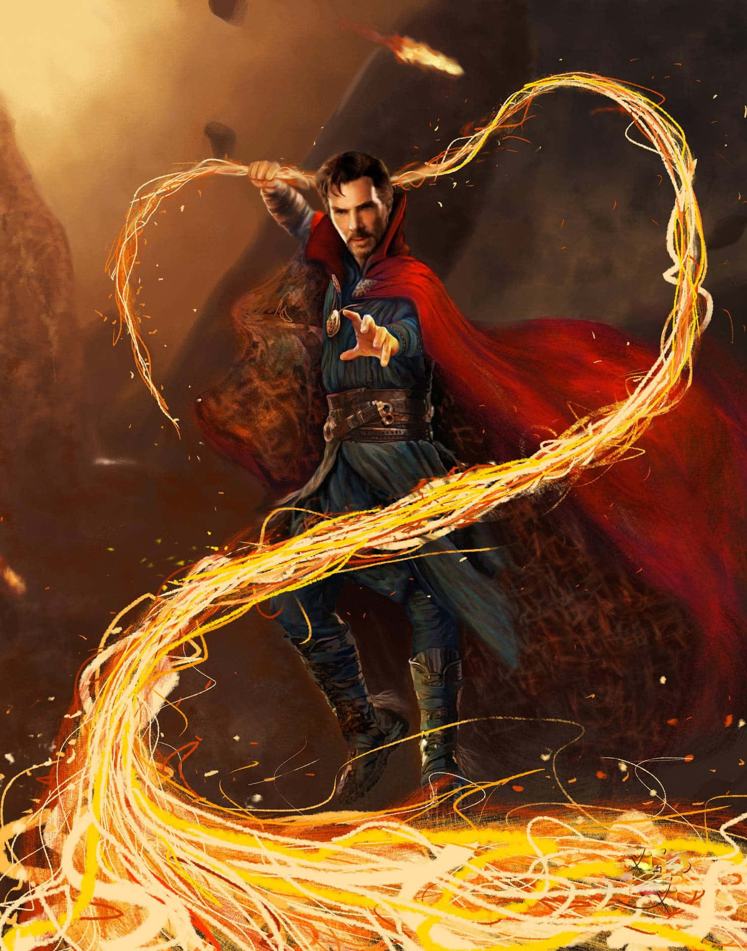 Dr Strange 桌布 壁紙 — 奇異博士在黑暗神秘背景下，以戲劇性的電影姿勢揮舞著發光的金色能量。
