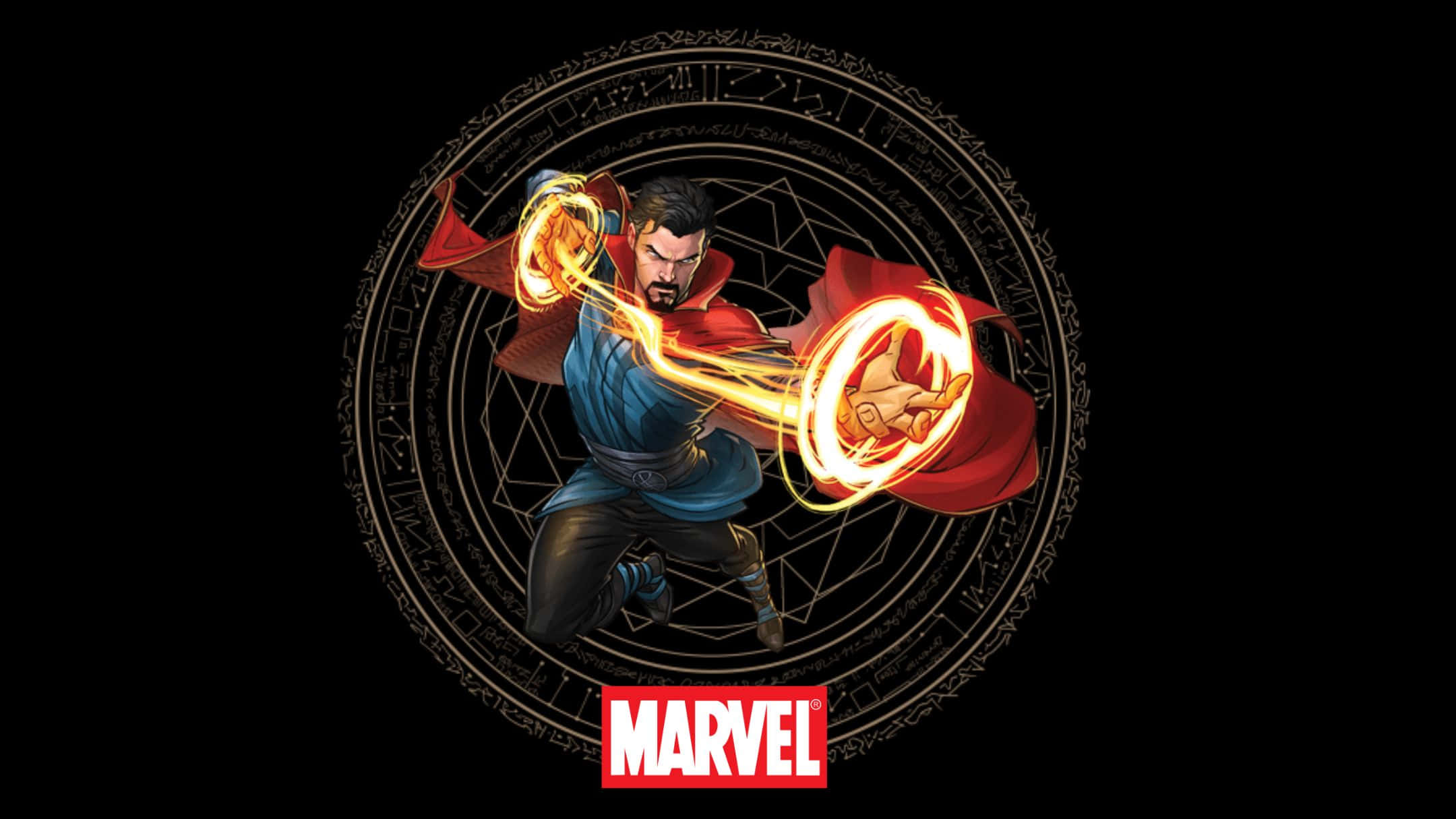 Best Marvel 桌布 壁紙 — 奇異博士在黑色背景上的神秘圓形印記內，透過雙手引導金色能量。