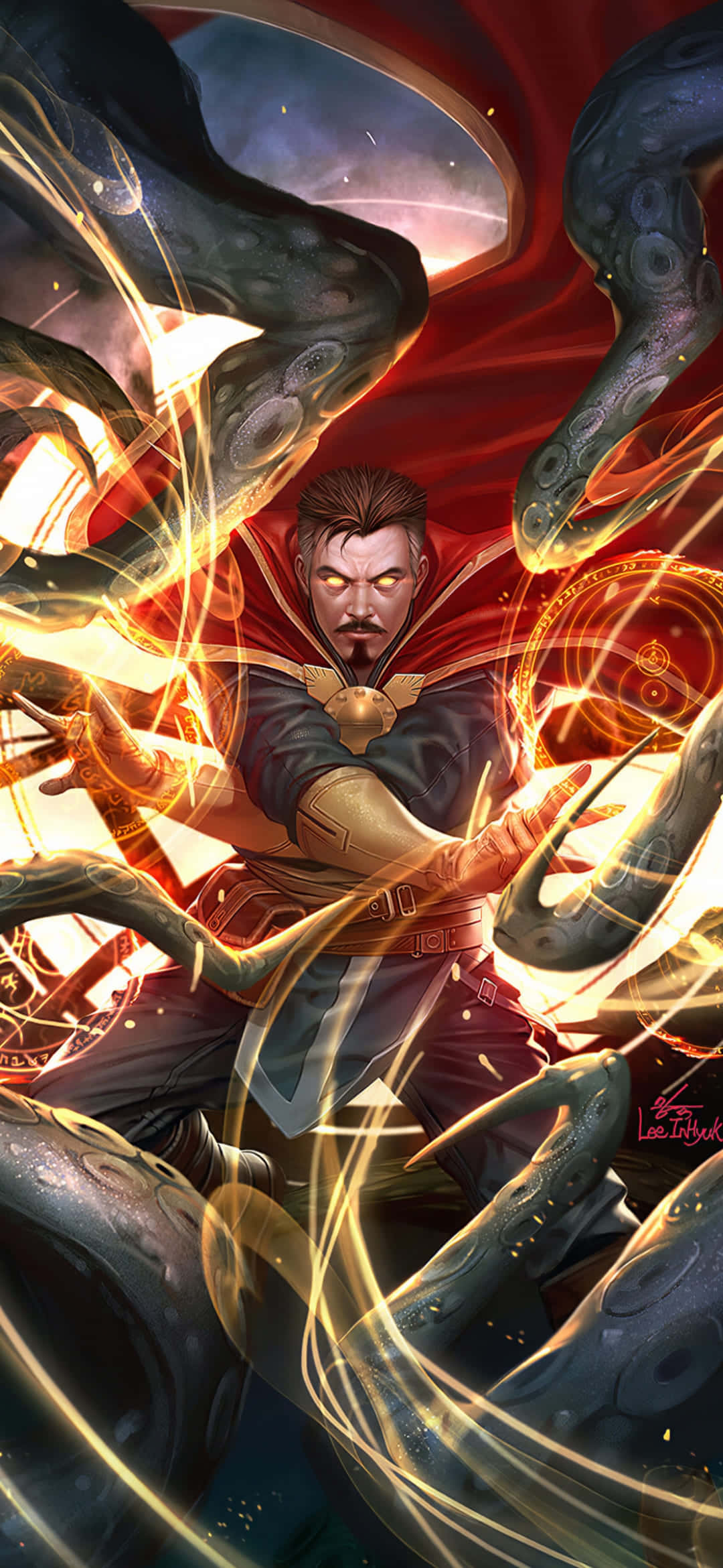桌布 壁紙 — 奇異博士揮舞著發光的 mystical 能量對抗黑暗觸手，動態漫畫插圖。
