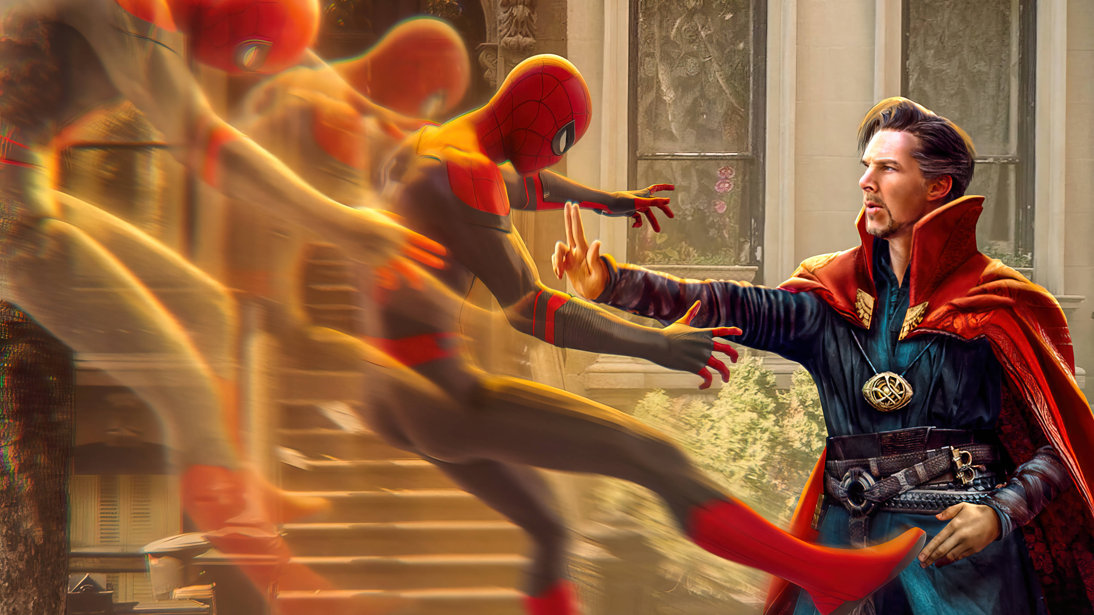 Spider Man No Way Home 桌布 壁紙 — 奇異博士施展法術，多個動態模糊的蜘蛛人身影在陽光普照的石頭走廊中從他身邊掠過。