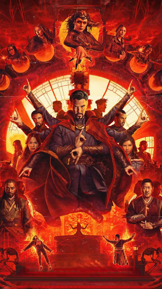 Doctor Strange 2 桌布 壁紙 — 奇異博士站在一個熾熱的紅色房間中，被多個版本的自己和盟友包圍，在戲劇性的電影構圖中釋放神秘能量。