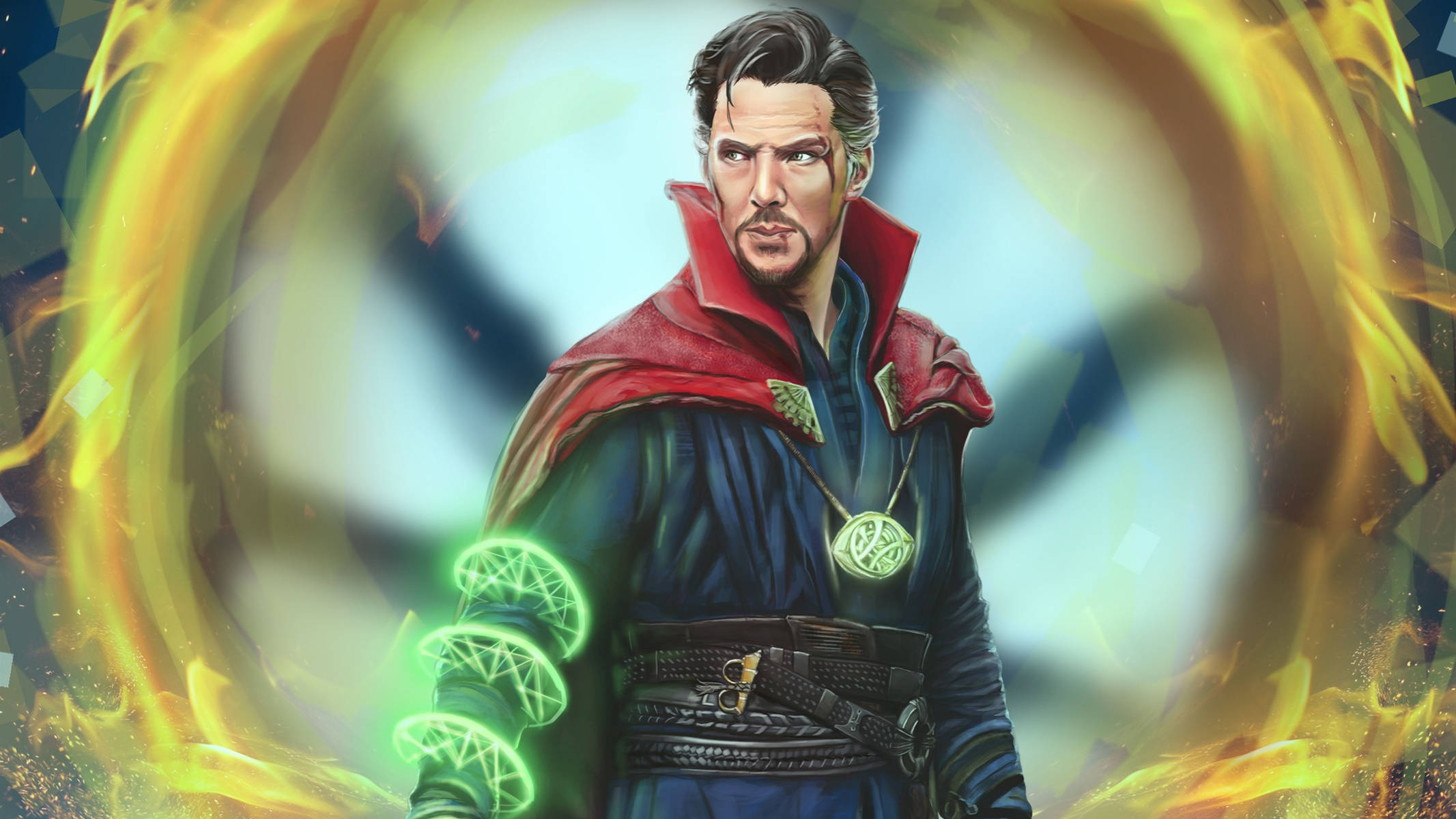 魔法動圖 桌布 壁紙 — 奇異博士站在一個神秘傳送門中，周圍環繞著旋轉的金色能量和手臂上發光的綠色神秘符號。