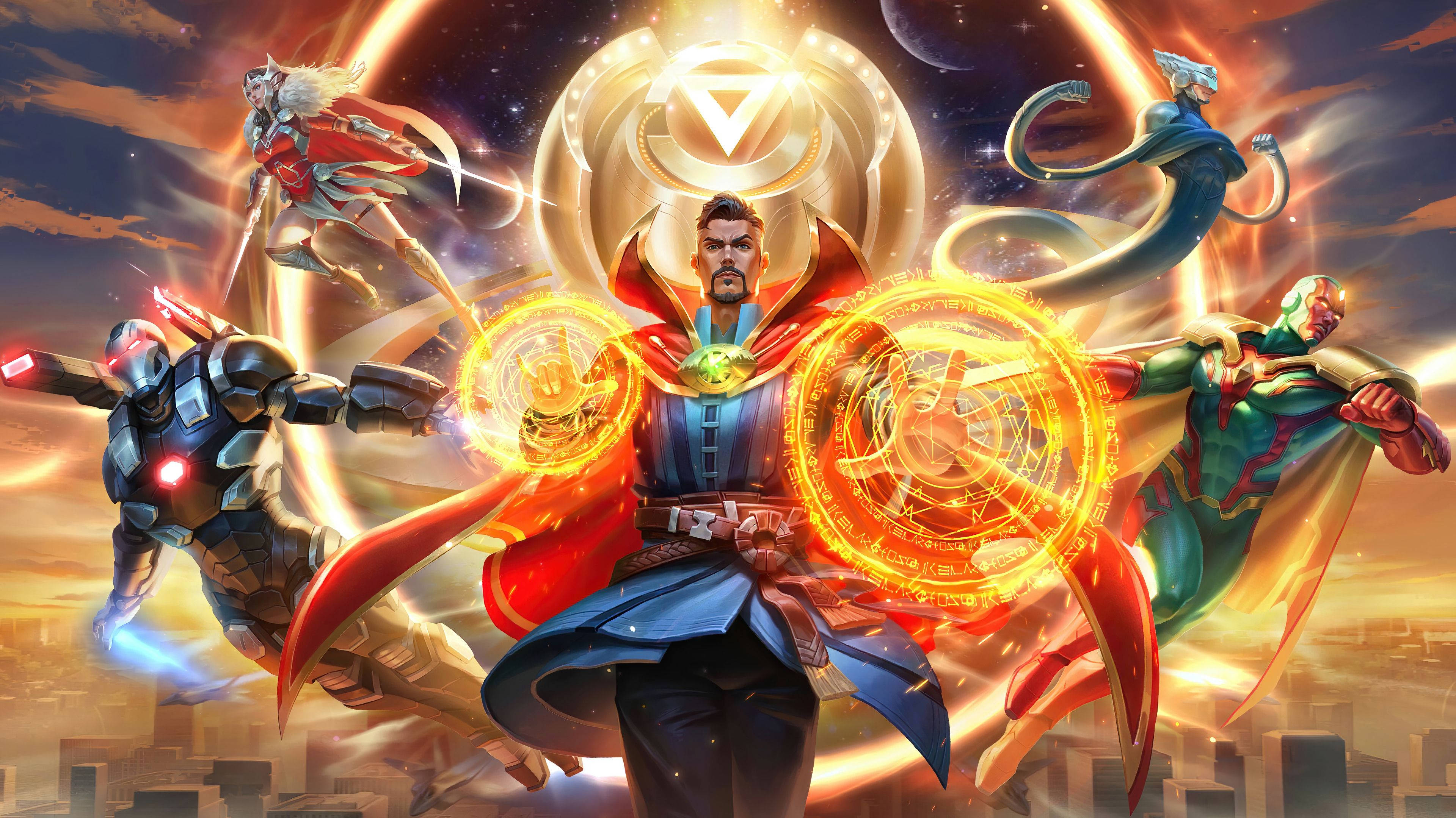 4K Marvel 壁紙 桌布 壁紙 — 奇異博士站在中央，揮舞著發光的魔法球體，被宇宙英雄包圍，背景是閃耀的星空。