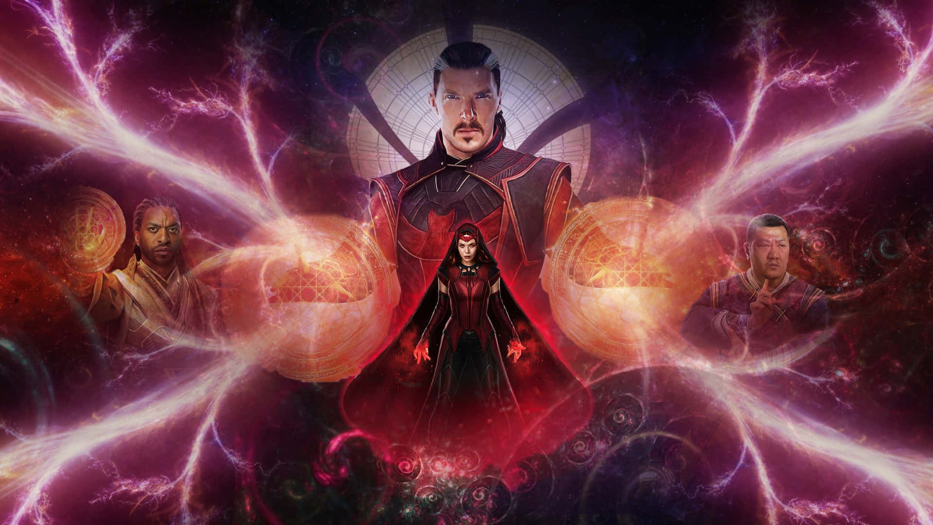 Doctor Strange Multiverse Of Madness 桌布 壁紙 — 奇異博士站在中央，被神秘能量和盟友包圍，背景是宇宙紫色和紅色。