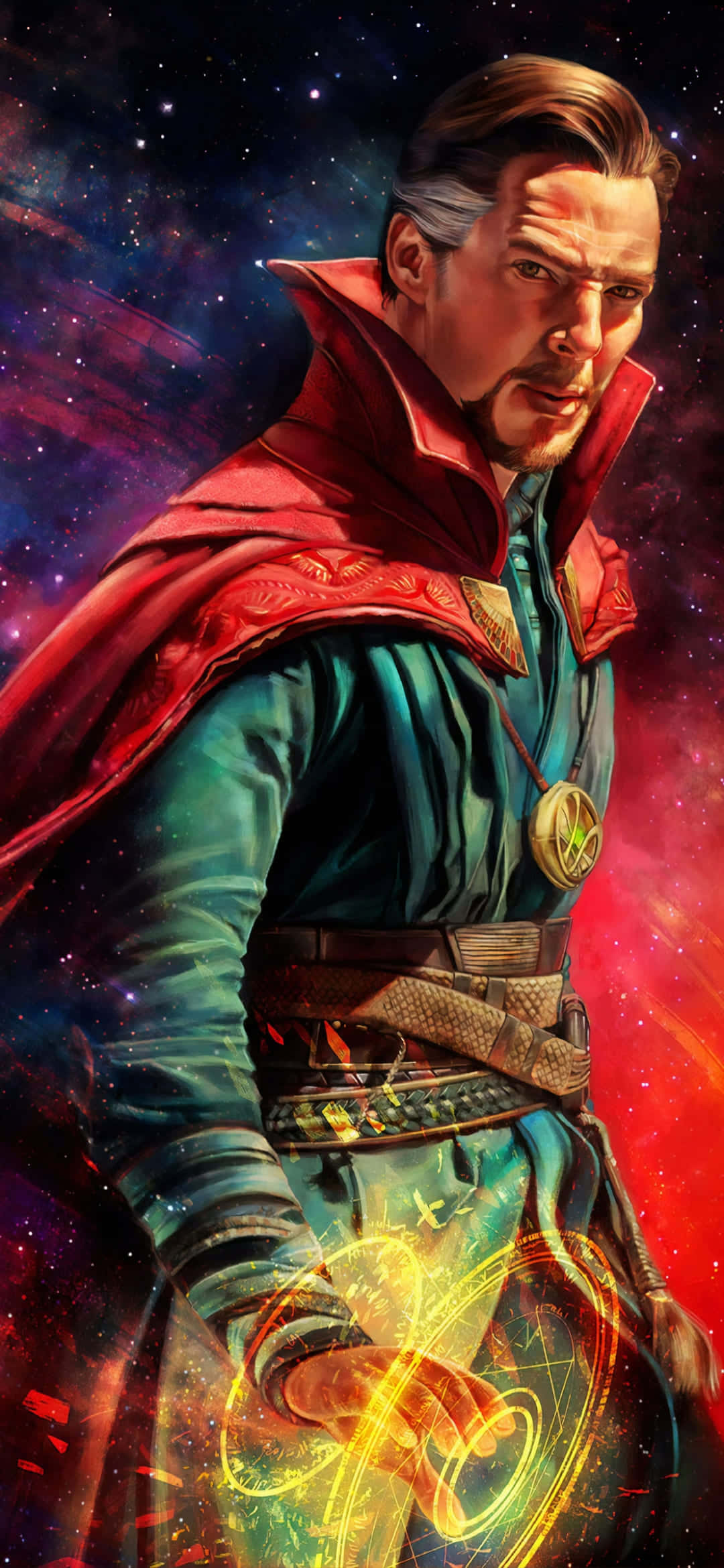 桌布 壁紙 — 奇異博士站在宇宙場景中，揮舞著發光的魔法能量，表情堅定。