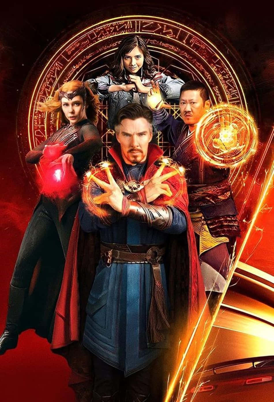 Doctor Strange 2 桌布 壁紙 — 奇異博士與盟友在熾熱的神秘傳送門背景下揮舞著發光的魔法能量。