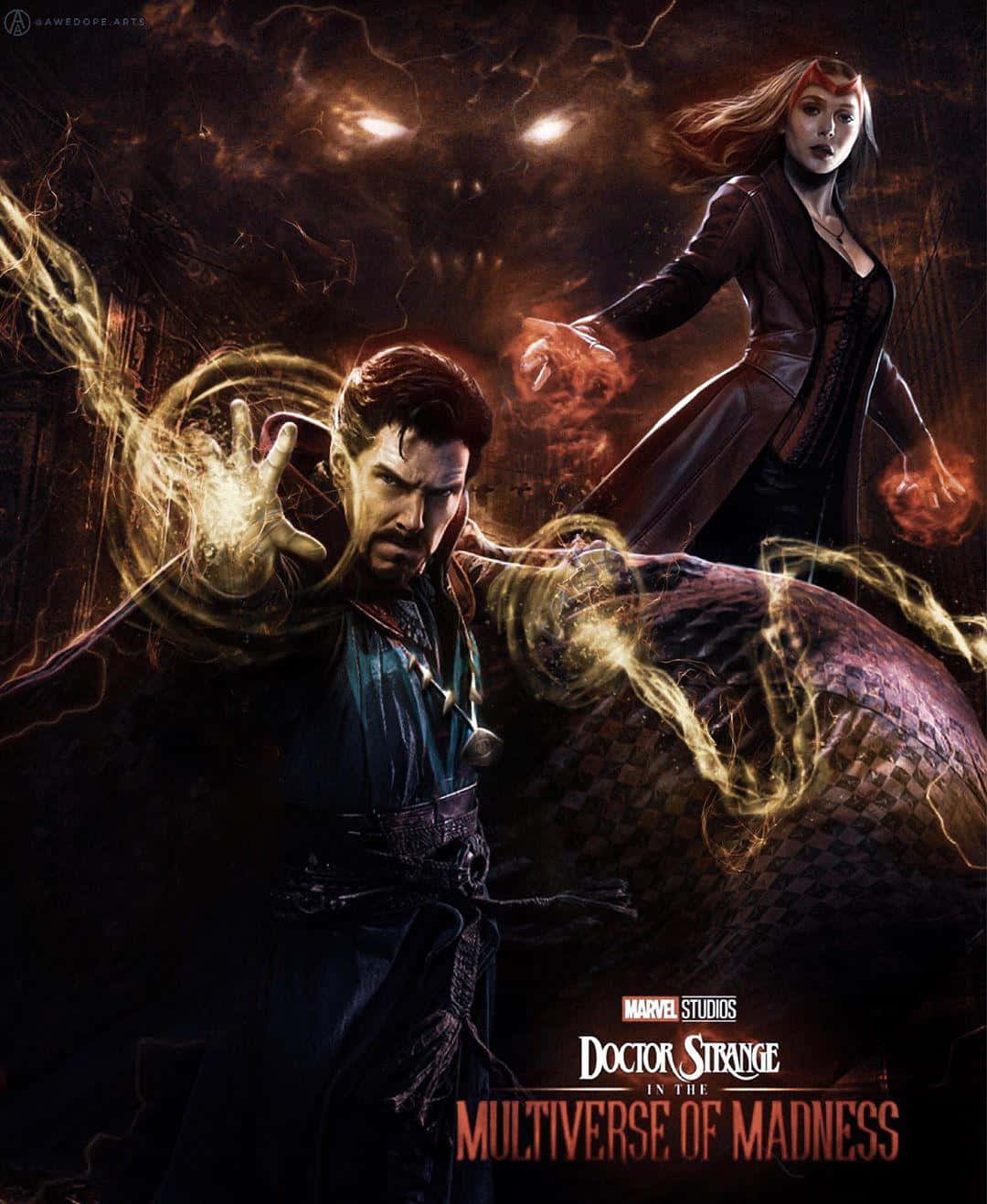 Doctor Strange 2 桌布 壁紙 — 奇異博士與緋紅女巫在黑暗神秘戰鬥場景中釋放混亂魔法能量。