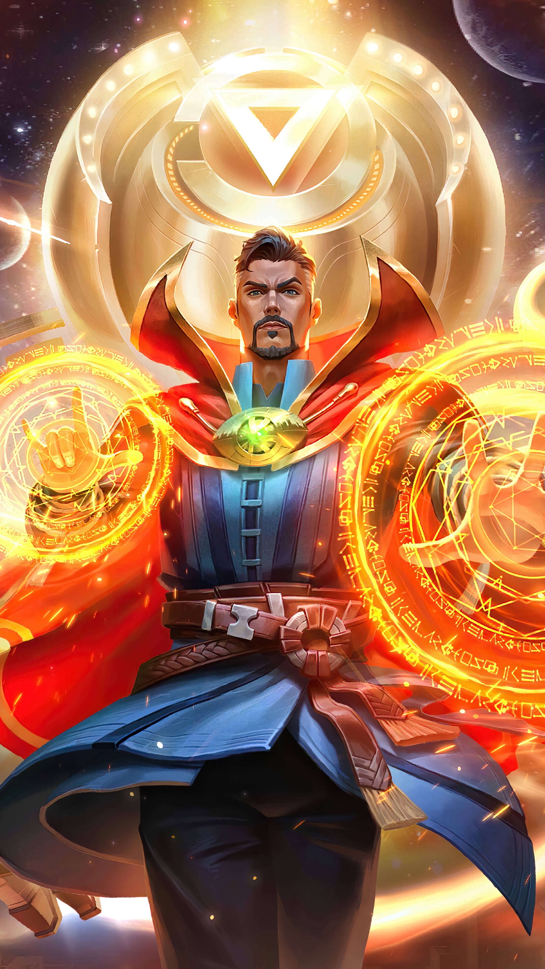 奇異博士 桌布 壁紙 — 奇異博士身穿宇宙盔甲，在星空背景下揮舞著發光的 mystical 能量球，氣勢磅礴。