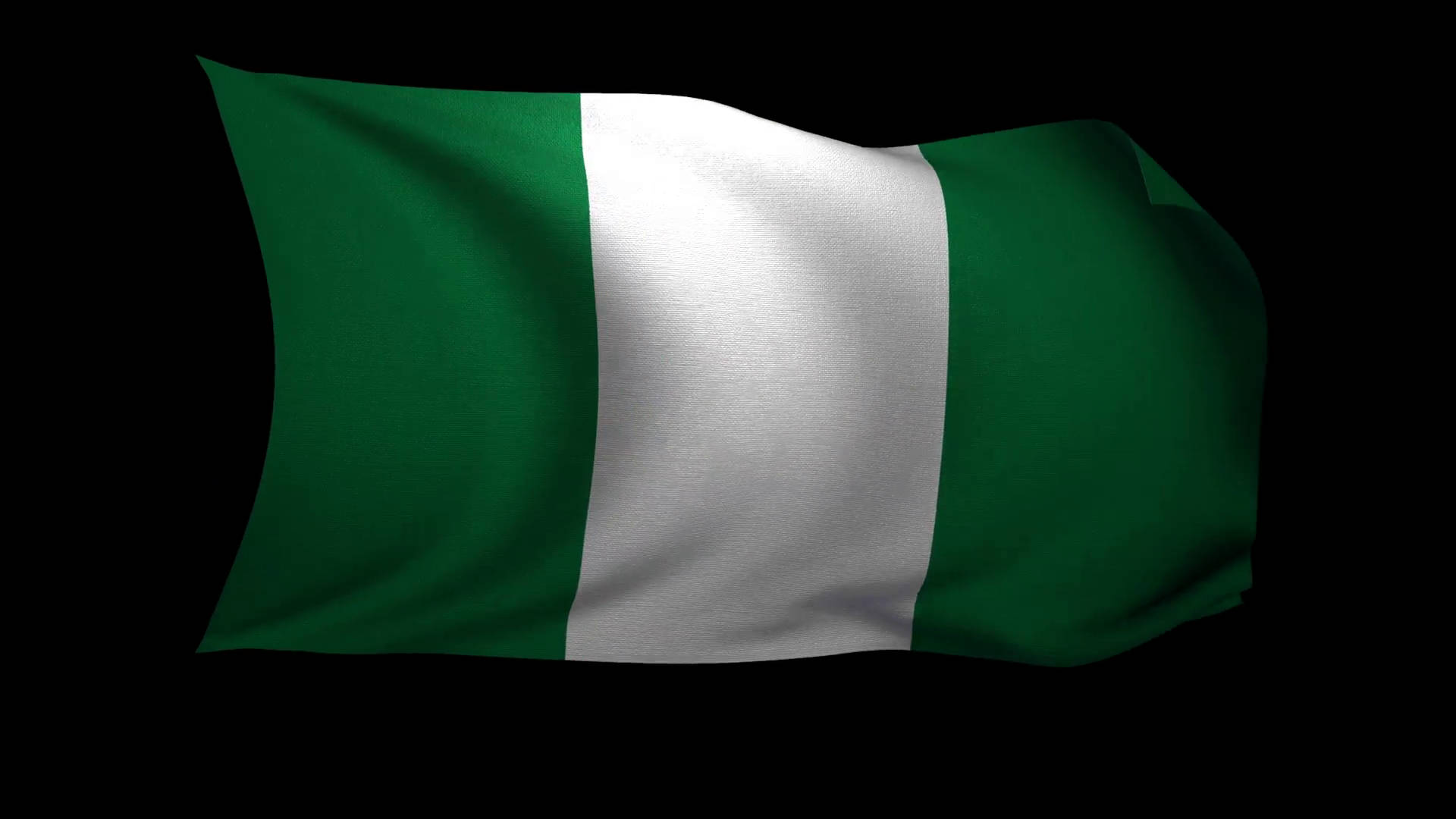 Nigeria 桌布 壁紙 — 奈及利亞國旗帶有綠色、白色、綠色的垂直條紋，在純黑色背景上動態飄揚。