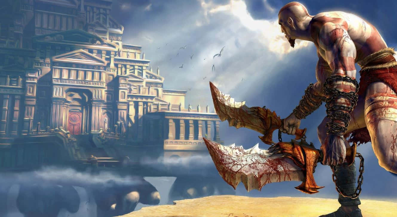 戰神 桌布 壁紙 — 奎托斯站在懸崖邊，在暴風雨的天空下，以古希臘遺跡為背景揮舞著他血淋淋的刀刃。