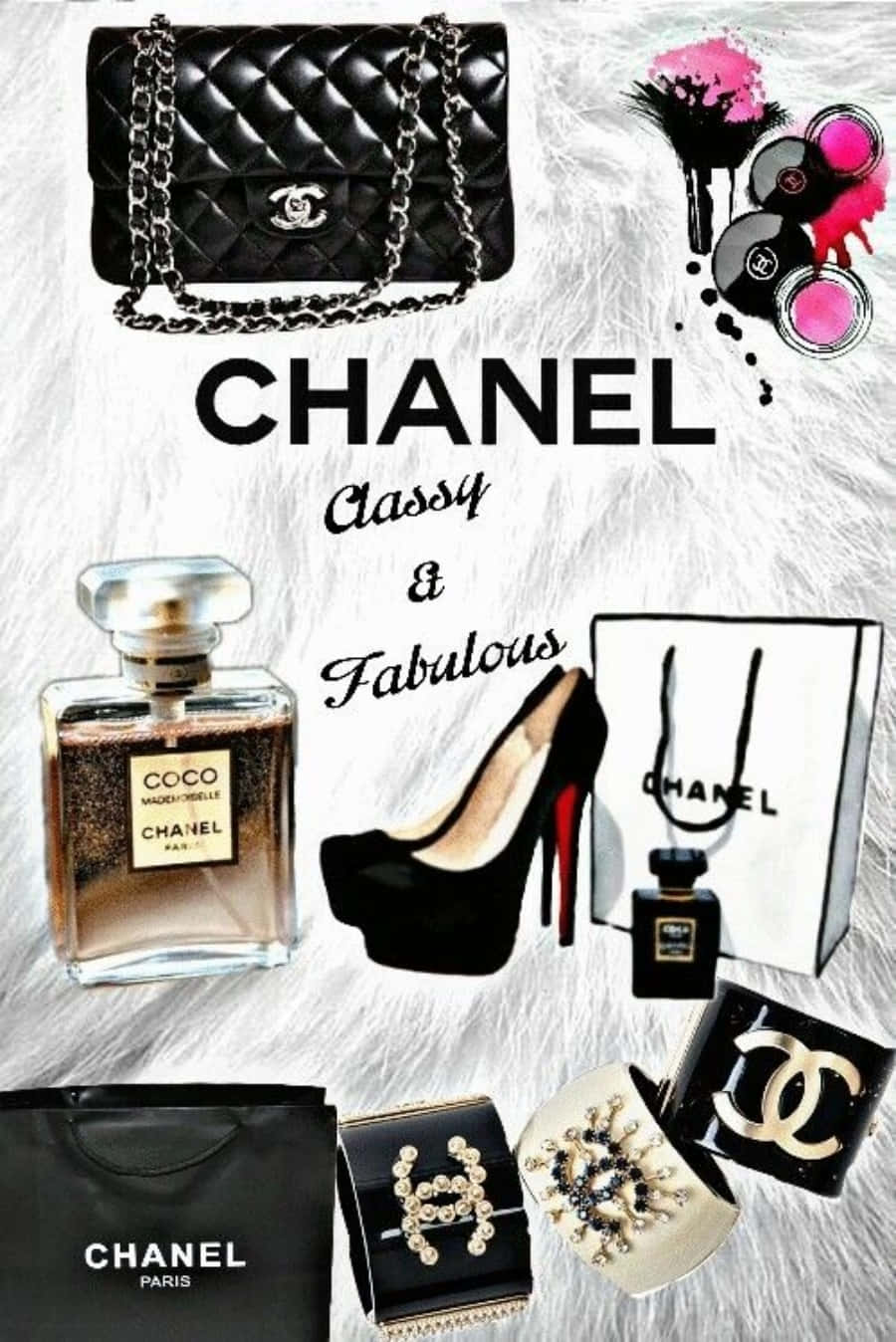 Chanel 桌布 壁紙 — 奢華 Chanel 配件，包括手袋、香水、鞋履和化妝品，排列在毛絨白色背景上。