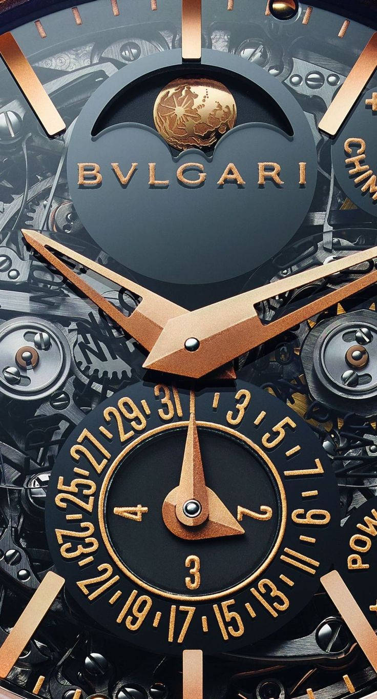 Bvlgari 桌布 壁紙 — 奢華Bvlgari手錶的特寫，金色指針和複雜的機械齒輪在錶盤後可見。