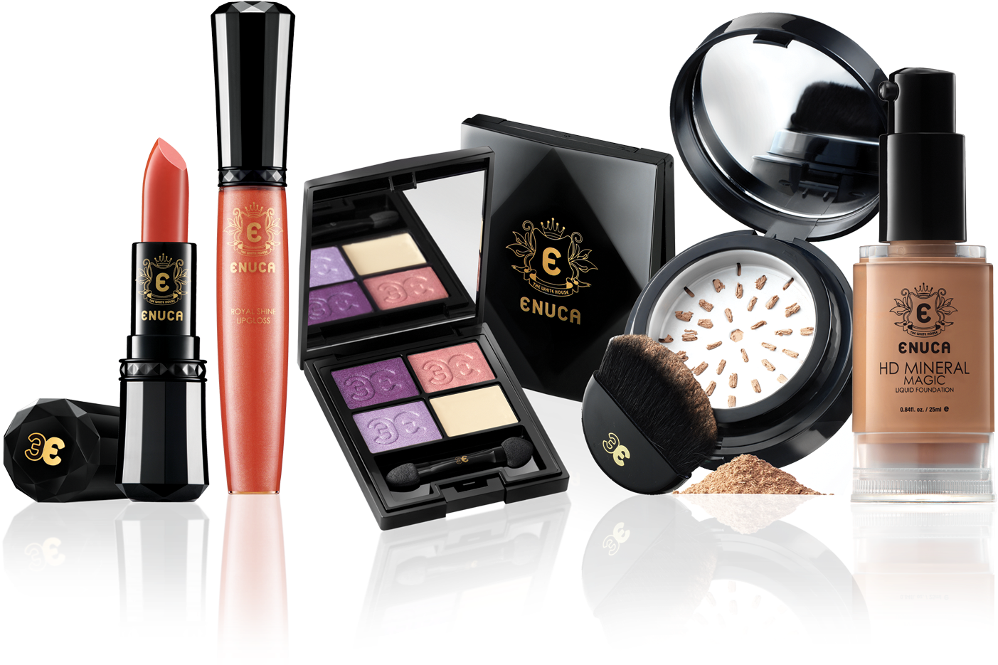 Cosmetics Products 桌布 壁紙 — 奢華ENUCA化妝品系列，在純黑背景上以反光表面展示。