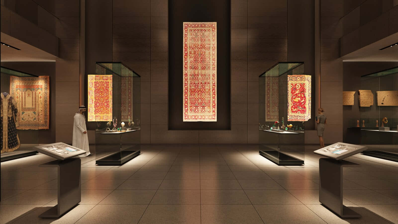 Gallery 桌布 壁紙 — 奢華古董地毯，帶有複雜的紅色和金色圖案，在現代博物館畫廊的溫暖聚光燈下展示。