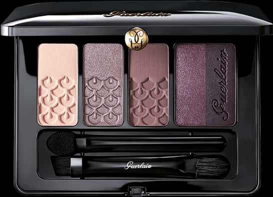 Makeup Kit 桌布 壁紙 — 奢華的 Guerlain 眼影盤，包含四種玫瑰色和紫色調的霧面和閃爍色調，帶有品牌標誌壓紋和兩支刷子，裝在時尚的黑色外殼中。