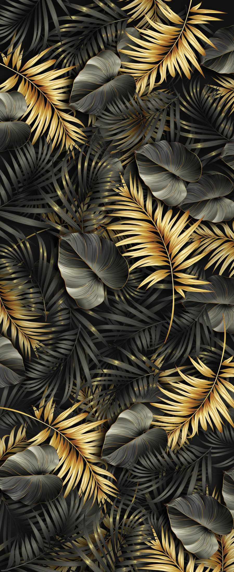 Plant iPhone 桌布 壁紙 — 奢華的熱帶葉片以金屬金色和霧面炭色呈現，創造出大膽華麗的壁紙圖案。
