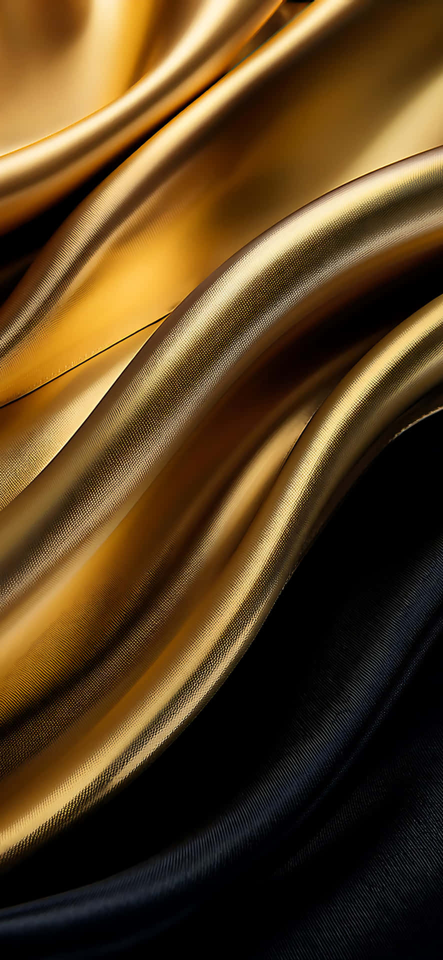 Gold Fabric 壁紙 — 奢華的金色絲綢布料在深黑色緞面背景上以優雅的曲線流動，帶有柔和的光線反射。