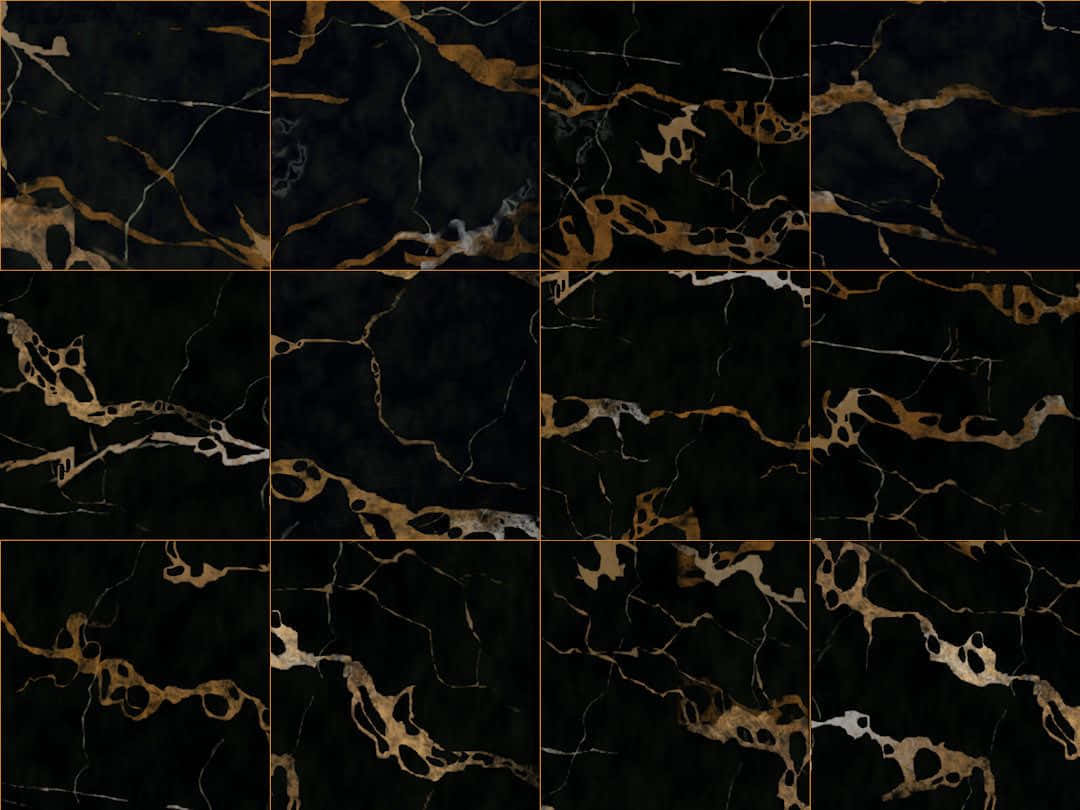 Brown Marble 桌布 壁紙 — 奢華的黑色大理石瓷磚，帶有金色和白色紋理，以網格圖案排列。