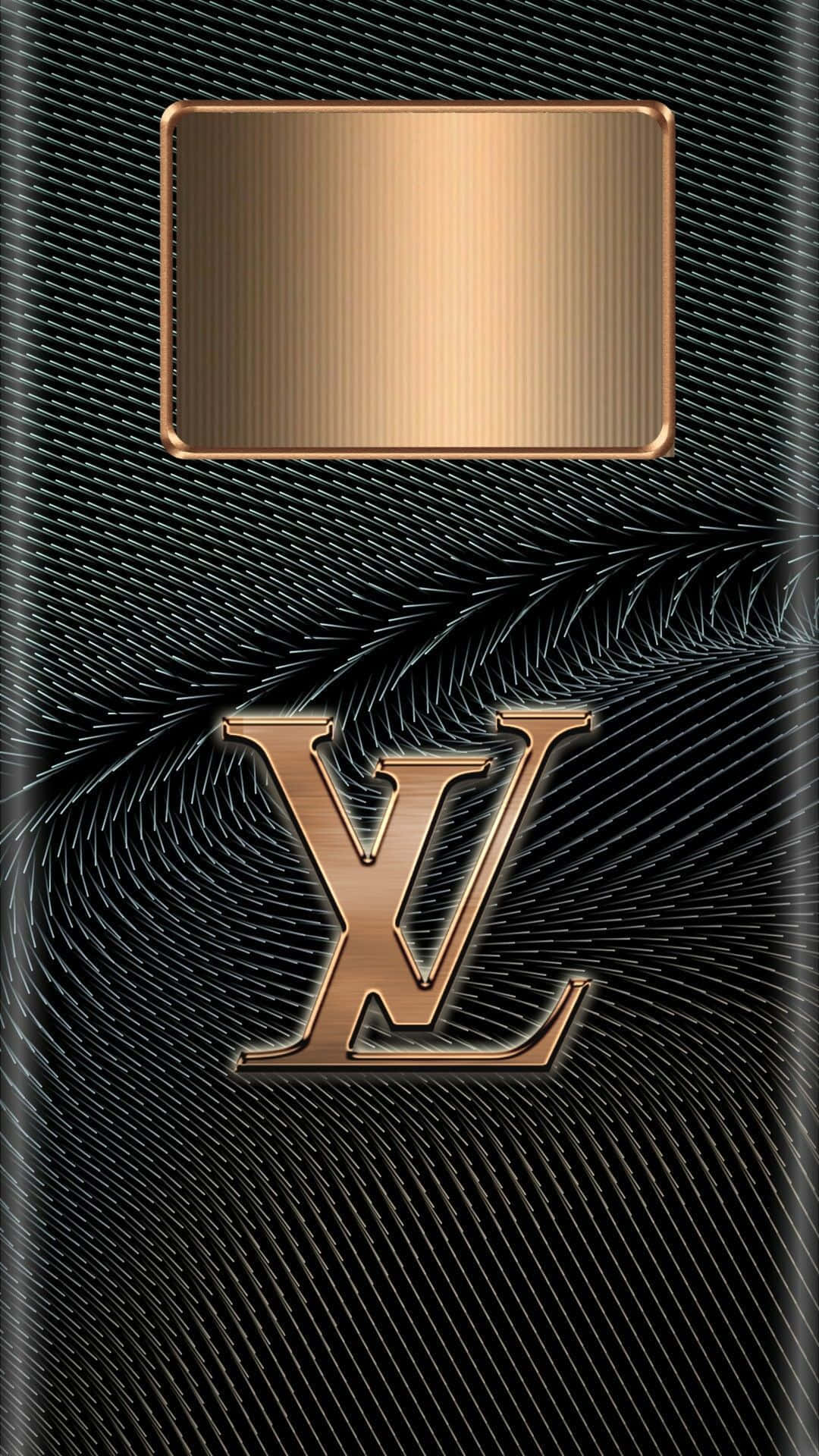 Louis Vuitton iPhone 桌布 壁紙 — 奢華黑色紋理背景，金色LV字母組合及長方形名牌，散發優雅氣息。