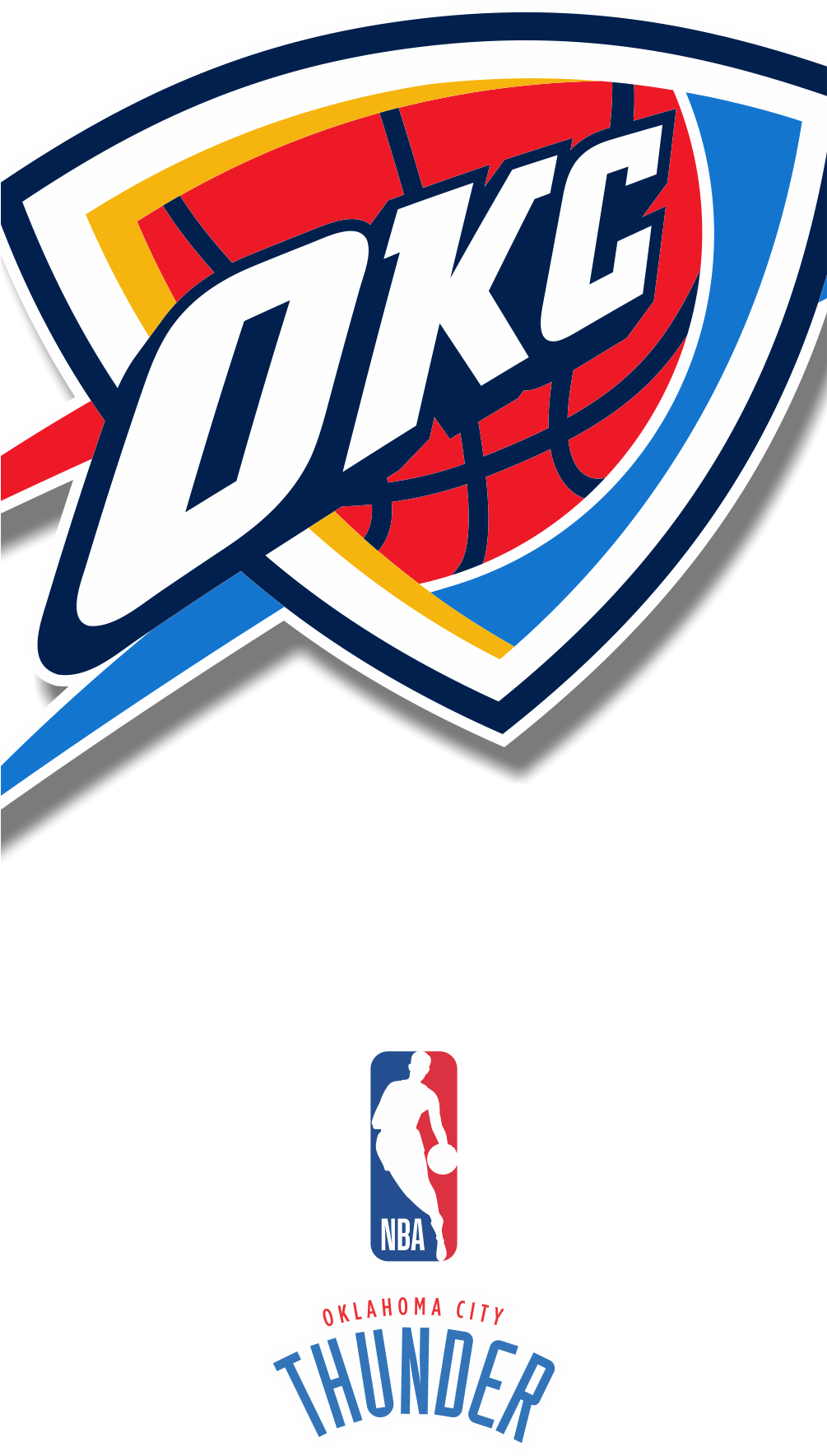 thunder 桌布 壁紙 — 奧克拉荷馬城雷霆NBA標誌，在黑色背景上採用大膽的紅、藍、黃色。