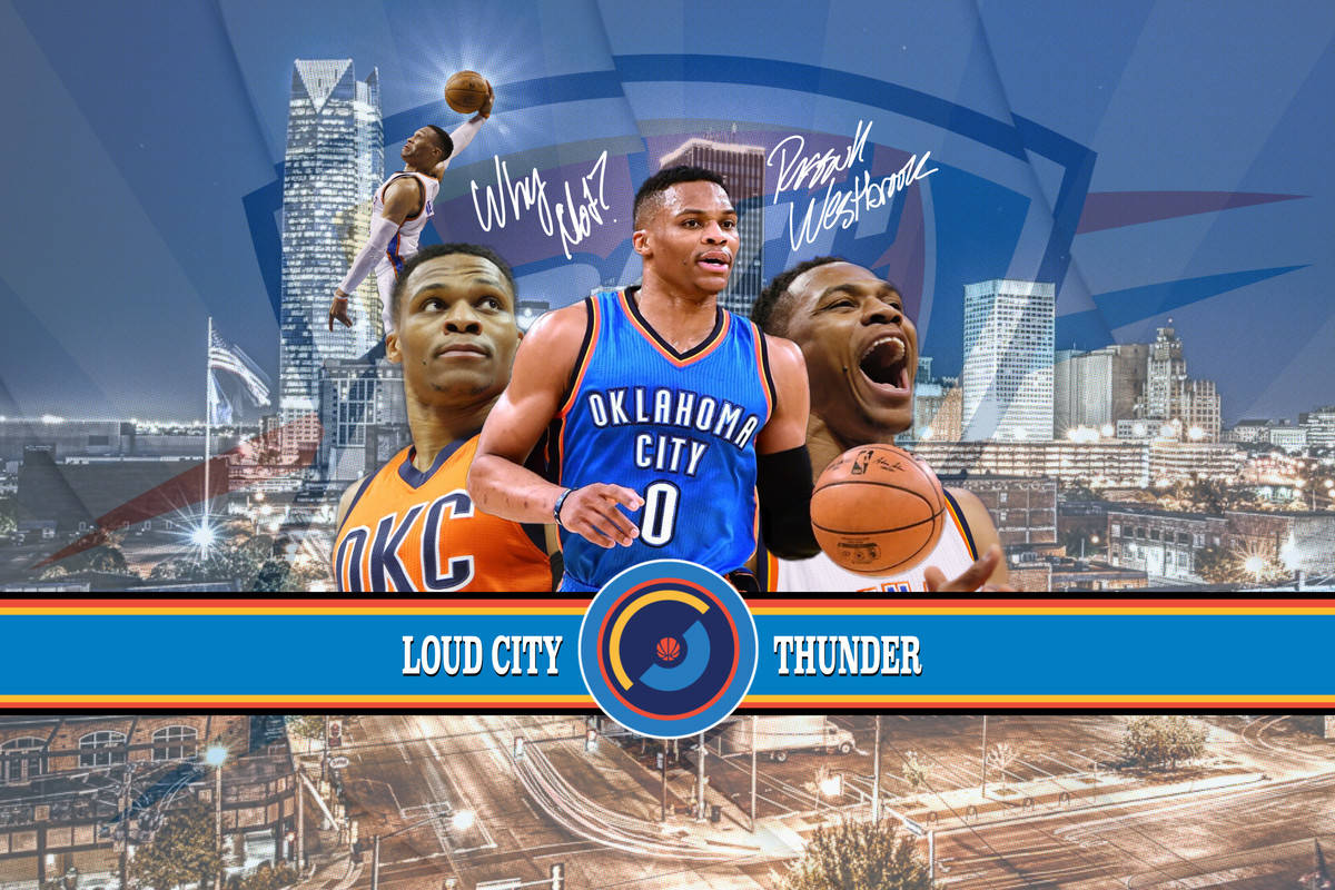 Oklahoma City Thunder 桌布 壁紙 — 奧克拉荷馬城雷霆籃球運動員的動態拼貼，疊加在充滿活力的夜間城市景觀上。