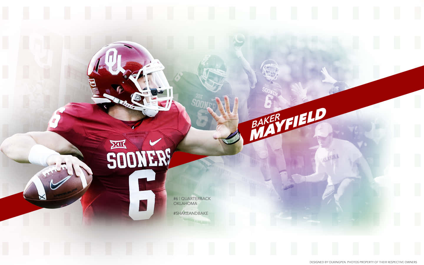 Baker Mayfield 桌布 壁紙 — 奧克拉荷馬大學 Sooners 四分衛 Baker Mayfield 身穿紅色球衣，在動態模糊和球隊圖案背景下擲出橄欖球。