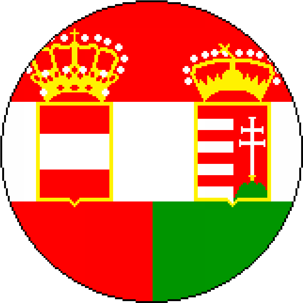 Flags 桌布 壁紙 — 奧匈帝國徽章的像素化圓形標誌，帶有紅、白、綠部分和金色皇冠。