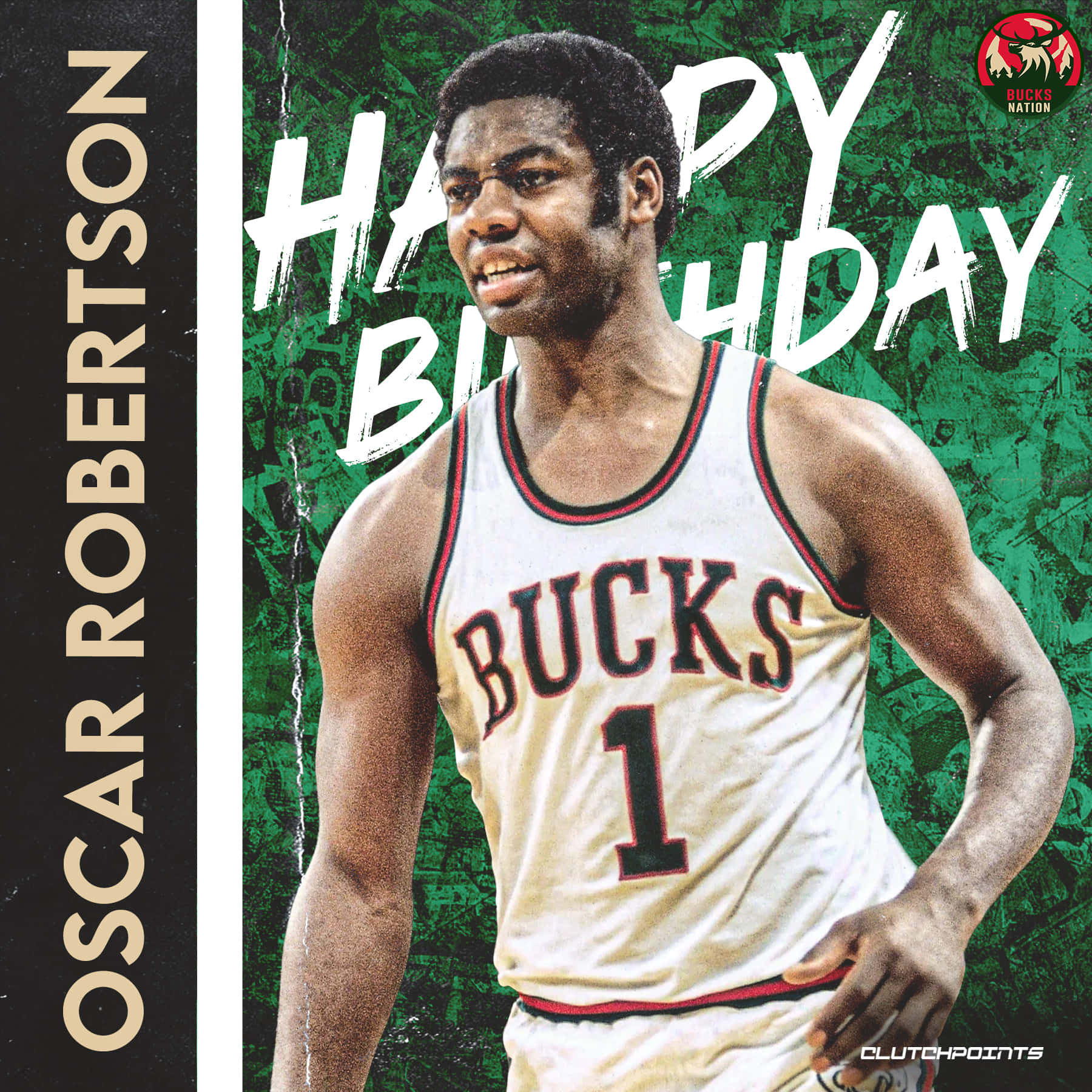 NBA 桌布 壁紙 — 奧斯卡·羅伯森身穿密爾瓦基公鹿隊球衣，在帶有紋理的綠色背景上自信微笑，並配有粗體生日文字。